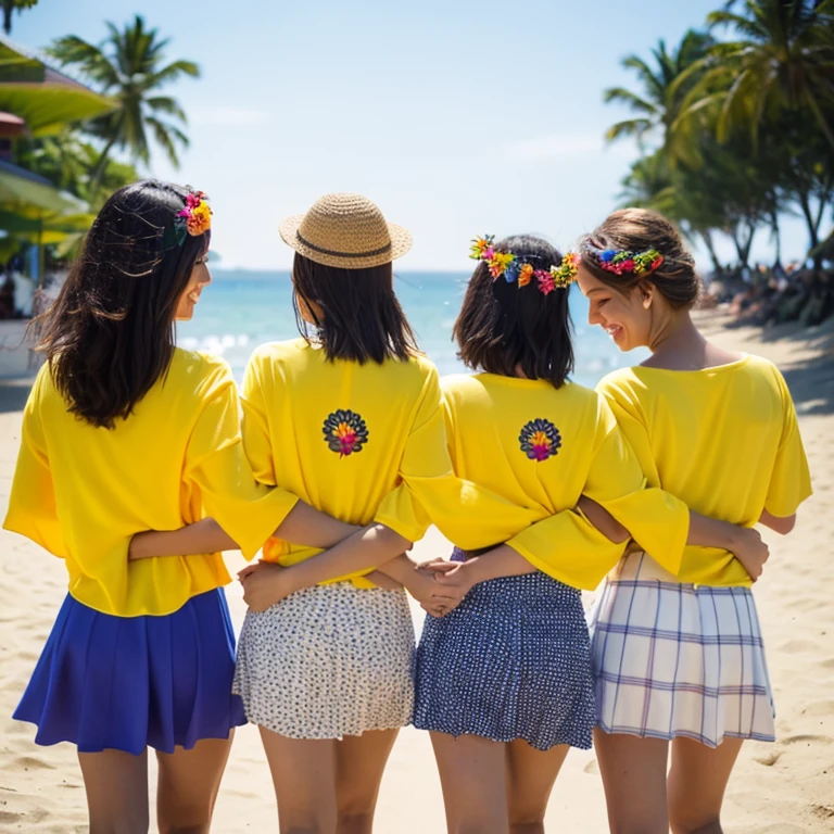 Photorealistic, 4k, 4girls.Holding hands with friends, we head to the beach. Yellow sunflowers in our hair. Time for laughter. Feeling the scent of the sea. Summer camp morning. We rush to the beach. We are full of smiles. Enjoying the summer days in swimsuits. Three girls, 18 years old, outstanding proportions, printed shirts, skirts,Asahi、Back view towards the sea、