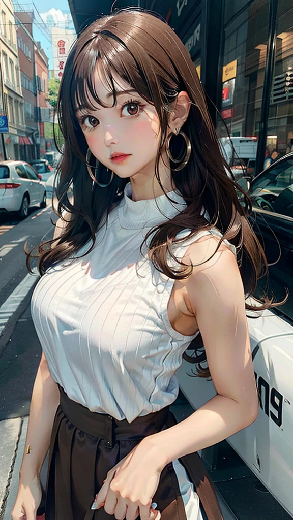 score_9, score_8_up, score_7_up, risa hamazaki, brown eyes, brown hair, long hair, large breasts, hoop earrings, white shirt, sleeveless, brown skirt,