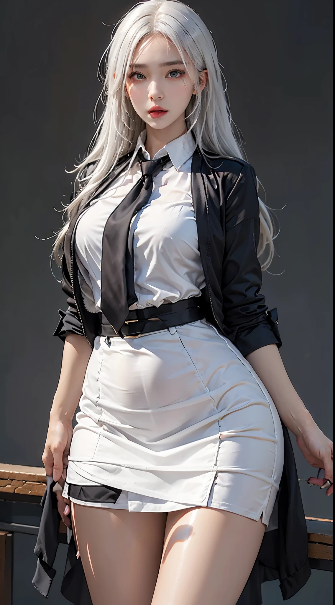 Photorealistic, high resolution, 1 woman, Hips up, Beautiful eyes, White hair, Long hair, ringed eyes, Collared shirt, black necktie,Black skirt, pencil skirts