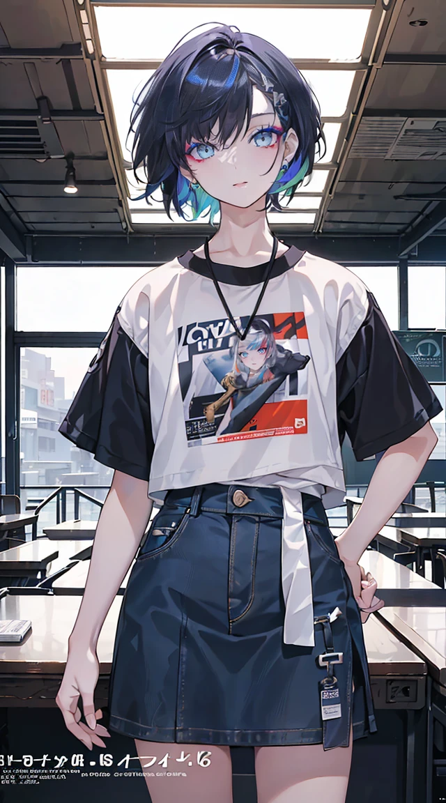  ((mixed color hair)), Bright lighting, masterpiece,One girl, ((short hair)), ((16 year old female model)), (((Cowboy Shot)) 2D,  Fine grain, ((article)), tile,  cover, bold, to attract attention, title, stylish, ((font)), Catchy, Heading, Beautiful Eyes, Eyes focus, Fine hand, Better fingers, 