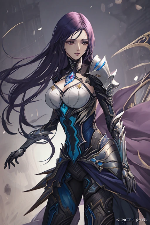 8k、Masterpiece、Knowing women, Beautiful Face,Sensual Body、Glamour、1people、 (white, Money, purple:1.2), (Beauty Makeup:1), (Shiny skin:1.2), (Huge breasts:1.5), (whole body:1.1), (Metal Blue Battle Armor:1), (Cleavage:1), transparent, high legs, Are standing, (Sexy Body), (Muscle Abs:1.1).