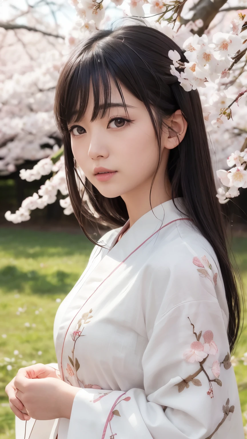 (logo、masterpiece、8k、Tabletop、RAW Photos、wonderful、最high quality、8K wallpaper that combines photorealism and high-definition CG、high quality、Very detailed、Narrative poem、Particle Effects、Dynamic Effects、Written boundary depth、Cinematic Light、Lens flare、Ray Tracing)、Fantasy、 (1 Beauty、White kimono、Japanese Clothing、White cherry blossom pattern、White cherry blossom embroidery pattern、Black-haired、Beautiful Face、True Face、Beautiful details、eye、Beautiful Skin)、Hair flutters in Wind、Hair bounces、Pink cherry blossom tree、Petals flutter、SakuraFubuki、wonderful景色、Morning Glow、Sun in the background、Wind、god々、teeth、god話、Vast land、