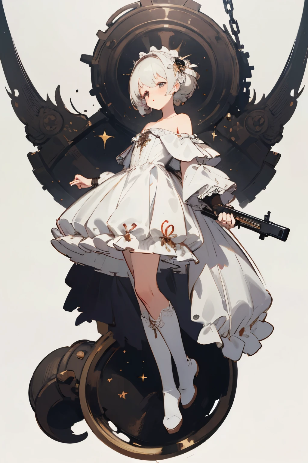 ((best quality)), ((masterpiece)), (detailed), 1girl, off-shoulder, blank white background, plain background, white background, red and white clothing, Bloodborne inspired, occult aesthetic, occult, detailed and intricate steampunk and detailed gothic, NSFW, Very dramatic and cinematic lighting, cosmic horror, grim-dark, side-lighting, perfect face, NSFW, Fluttering lace flared long knee length dress with frilly petticoats, knee length dress, pleated petticoats, ta dress, petticoats gothic lolicomplex lace boots, side-lighting, gothic lolita aetic, wielding a mighty sword with mechanical components, carbine, NSFW, beautiful small breasts, small breasts, full body, whole body, body, plain background, white background, blank background, no background, white background NSFW, chains, full body, whole body, head-to-toe NSFW