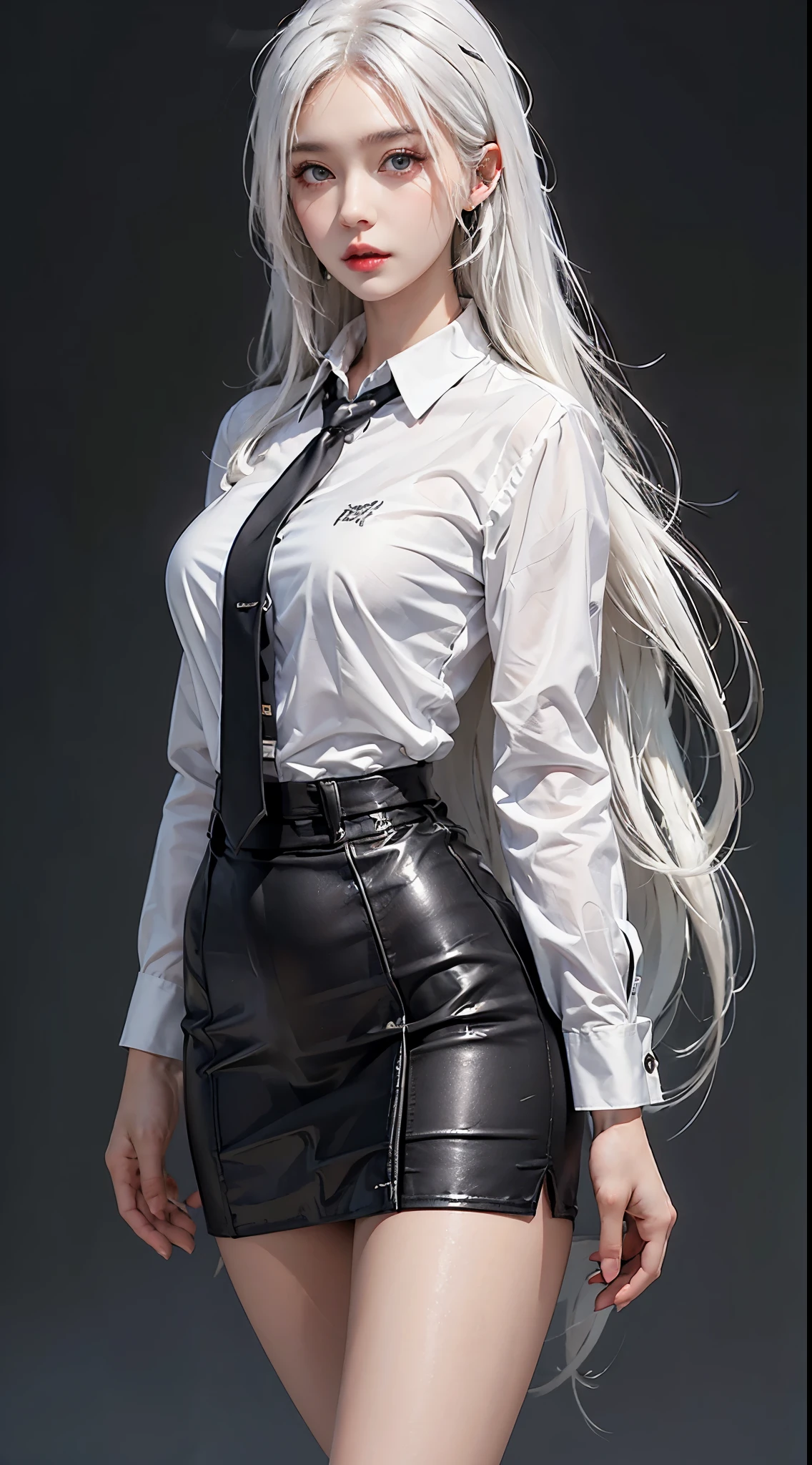 Photorealistic, high resolution, 1 woman, Hips up, Beautiful eyes, White hair, Long hair, ringed eyes, Collared shirt, black necktie,Black skirt, pencil skirts