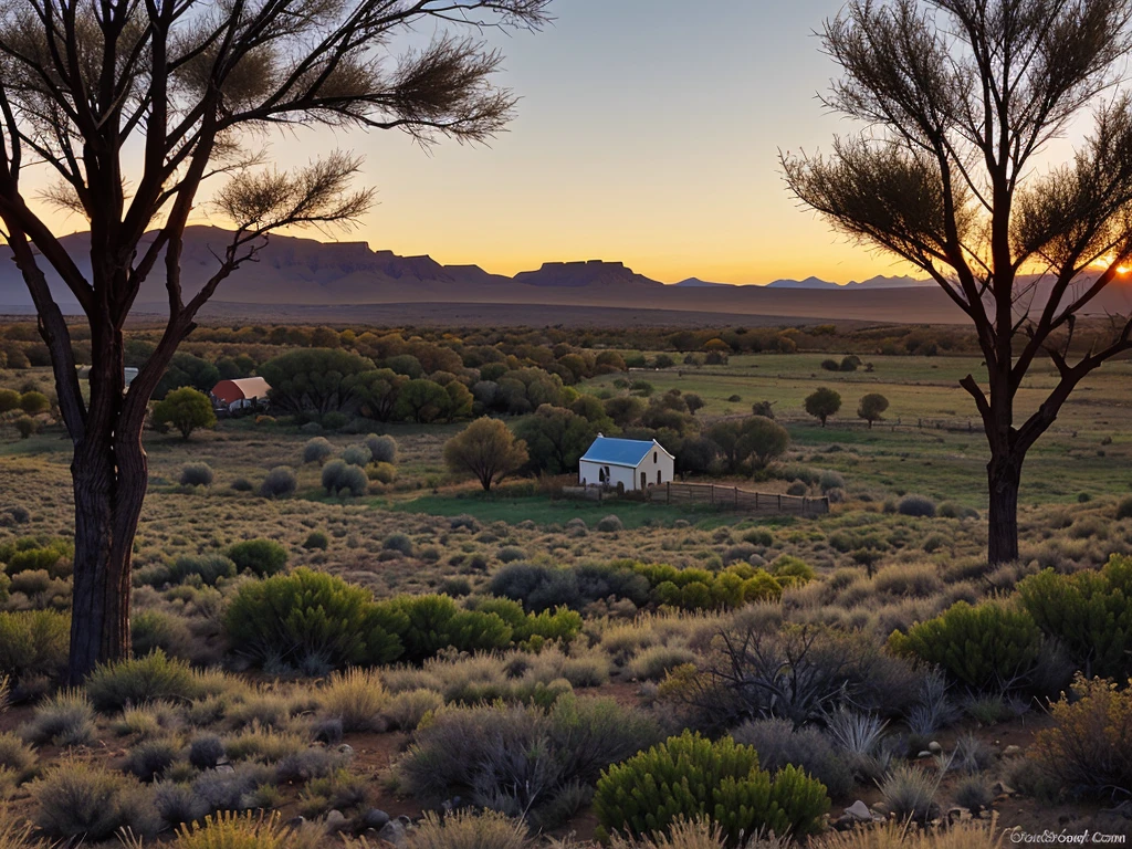 Sunrise on the Karoo, Late autumn landscape on the Karoo, small home surrounded by small trees and bushes, sunrise, no snow, sheep in field, 