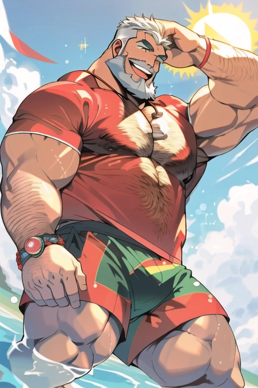 Mature male，werecreature，anthropomorphic wolf，Green body hair，lifeguard，Briefs，sitting in beach，and the sun was shining brightly，Holding a life buoy，Well-developed muscles，vast pecs，broad shoulder，Thick-breasted，Huge crotch bulge，，Bare upper body，Unobstructed thigh toes，Indecent expressions，High- sharpness，High picture quality，Complicated details，the complex background，tmasterpiece，full bodyesbian，in a panoramic view，facing to audience