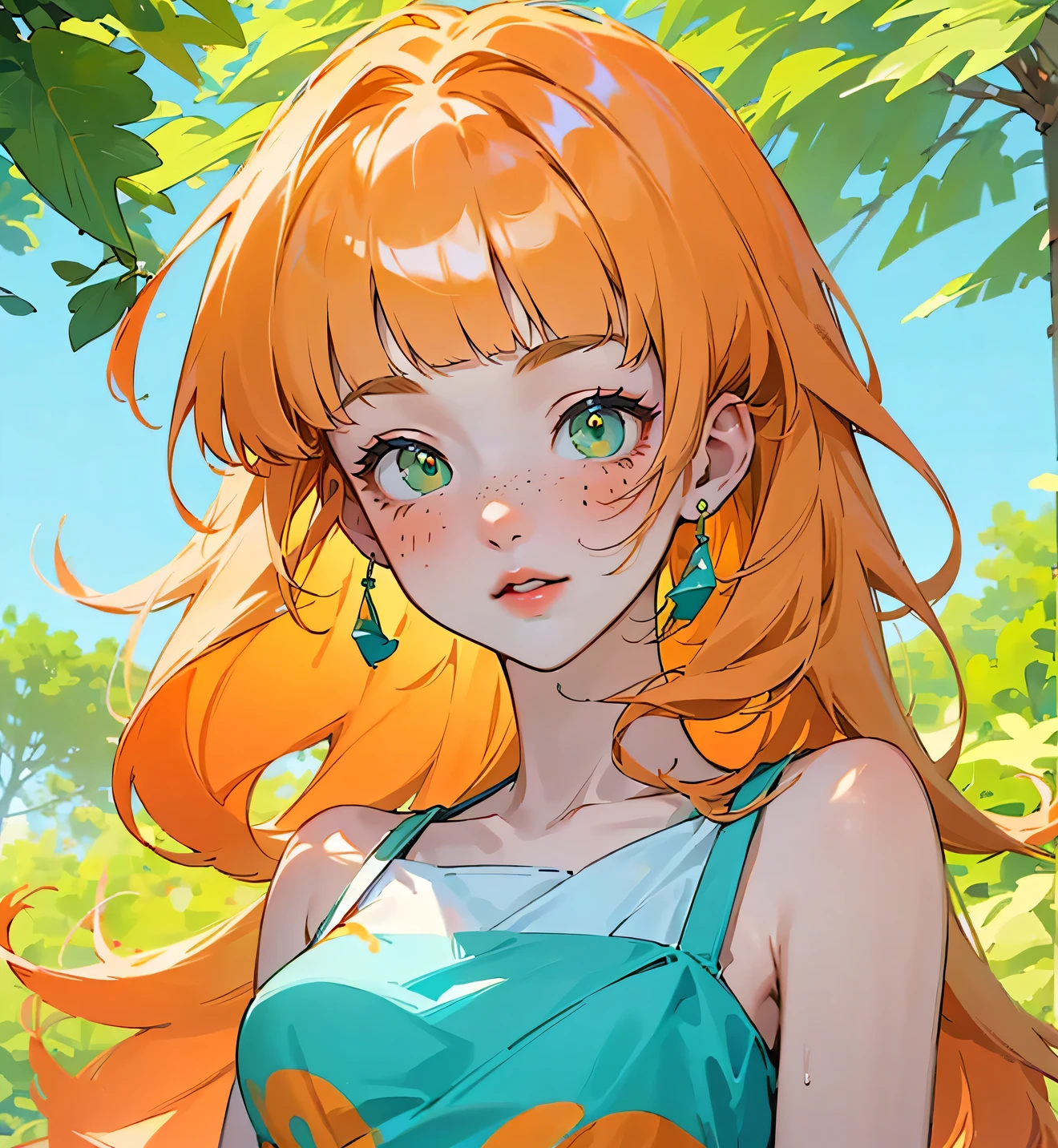 ((best quality)), ((masterpiece)), (detailed), 1 girl, white woman, big, bright green eyes, freckles on her face, long straight orange hair, orange bangs, colorful and casual clothes , in the middle of nature, view of the body from the torso up wearing a cute dress anime animation style