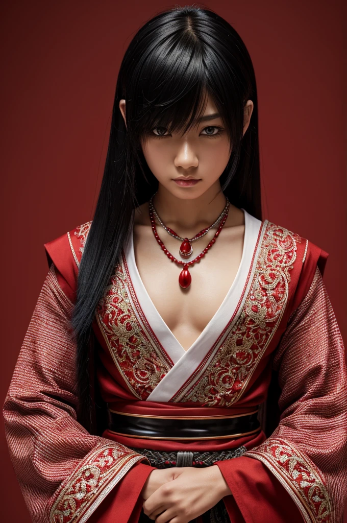 highres, sharp focus, pixiv masterpiece, ((intricate details)), highly detailed, yasuri_shichika, 1boy, male, stripe bead necklace, black hair, (slick hair:1.1), very long hair, red clothes, red open clothes, simple cybernetic armor, hakama 