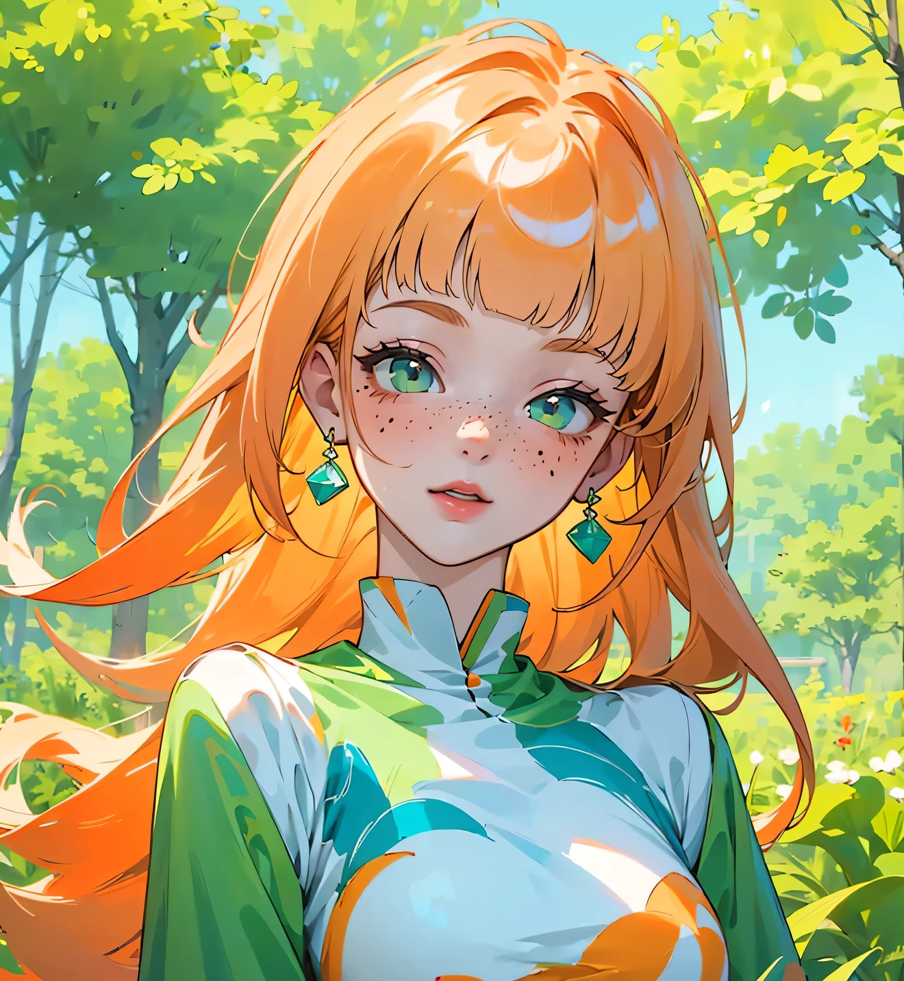 ((best quality)), ((masterpiece)), (detailed), 1 girl, white woman, big, bright green eyes, freckles on her face, long straight orange hair, orange bangs, colorful and casual clothes , in the middle of nature, view of the body from the torso up wearing a cute dress anime animation style