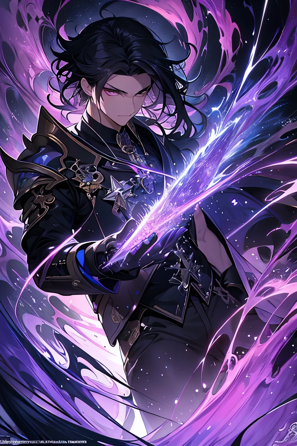 Painting representing the essence of magic, depicting a black-haired guy with violet eyes immersed in a cascade of magical energy, with glowing particles dancing around him, hair short, masterpiece, best quality, ultra detailed, illustration, concept art resolution 8k, fantasy, epic art, concept art wallpaper 4k, deep color, natural lighting