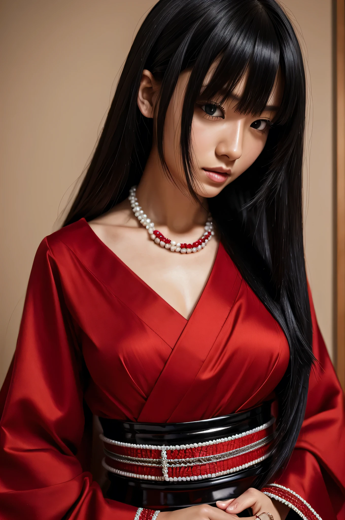 highres, sharp focus, pixiv masterpiece, ((intricate details)), highly detailed, yasuri_shichika, 1girl, female, stripe bead necklace, black hair, (slick hair:1.1), very long hair, red clothes, red open clothes, simple cybernetic armor, hakama