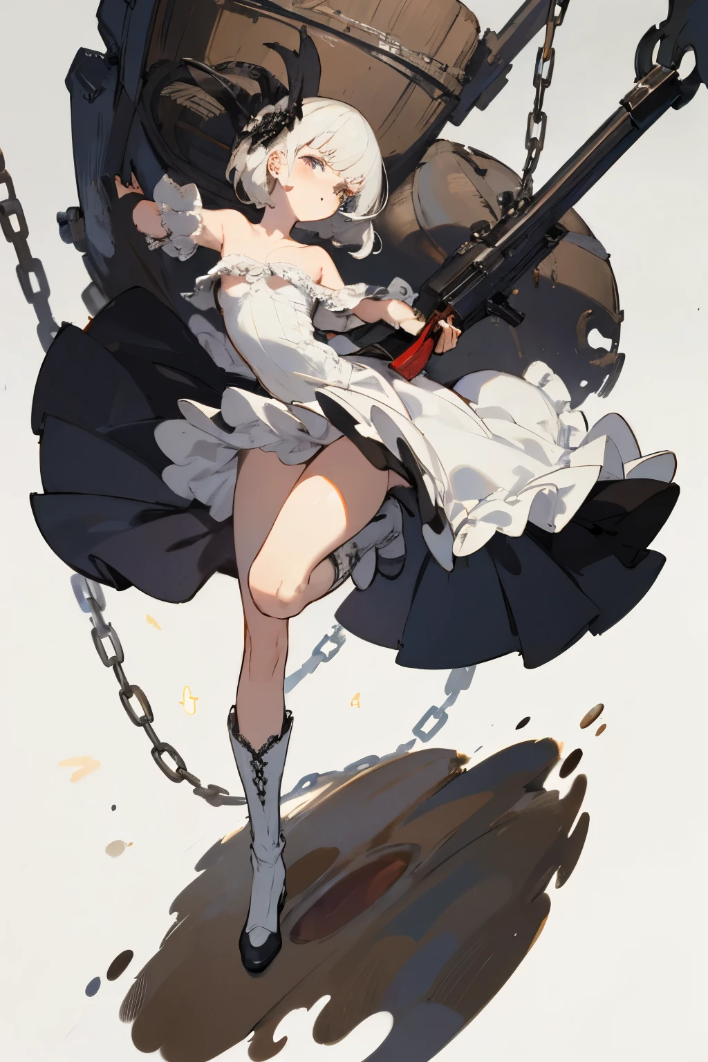 ((best quality)), ((masterpiece)), (detailed), 1girl, off-shoulder, blank white background, plain background, white background, red and white clothing, Bloodborne aesthetic, Bloodborne inspired, occult aesthetic, occult, detailed and intricate steampunk and detailed gothic, NSFW, Very dramatic and cinematic lighting, cosmic horror, grim-dark, side-lighting, perfect face, NSFW, Fluttering lace flared long knee length dress with frilly petticoats, knee length dress, pleated petticoats, petticoats gothic, complex lace boots, side-lighting, gothic aesthetic, wielding a mighty sword with mechanical components, carbine, NSFW, beautiful small , small breastsbody, whole body, body, plain background, white background, blank background, no background, white background NSFW, full body, whole body, head-to-toe NSFW,