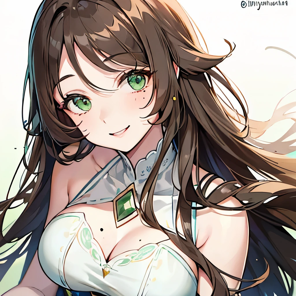 gorgeous woman, long slightly wavy brown hair, long bangs, pastel green eyes, mole under left eye and mole on left cheek, motherly,graceful, elegant, smile pretty. Face profile.