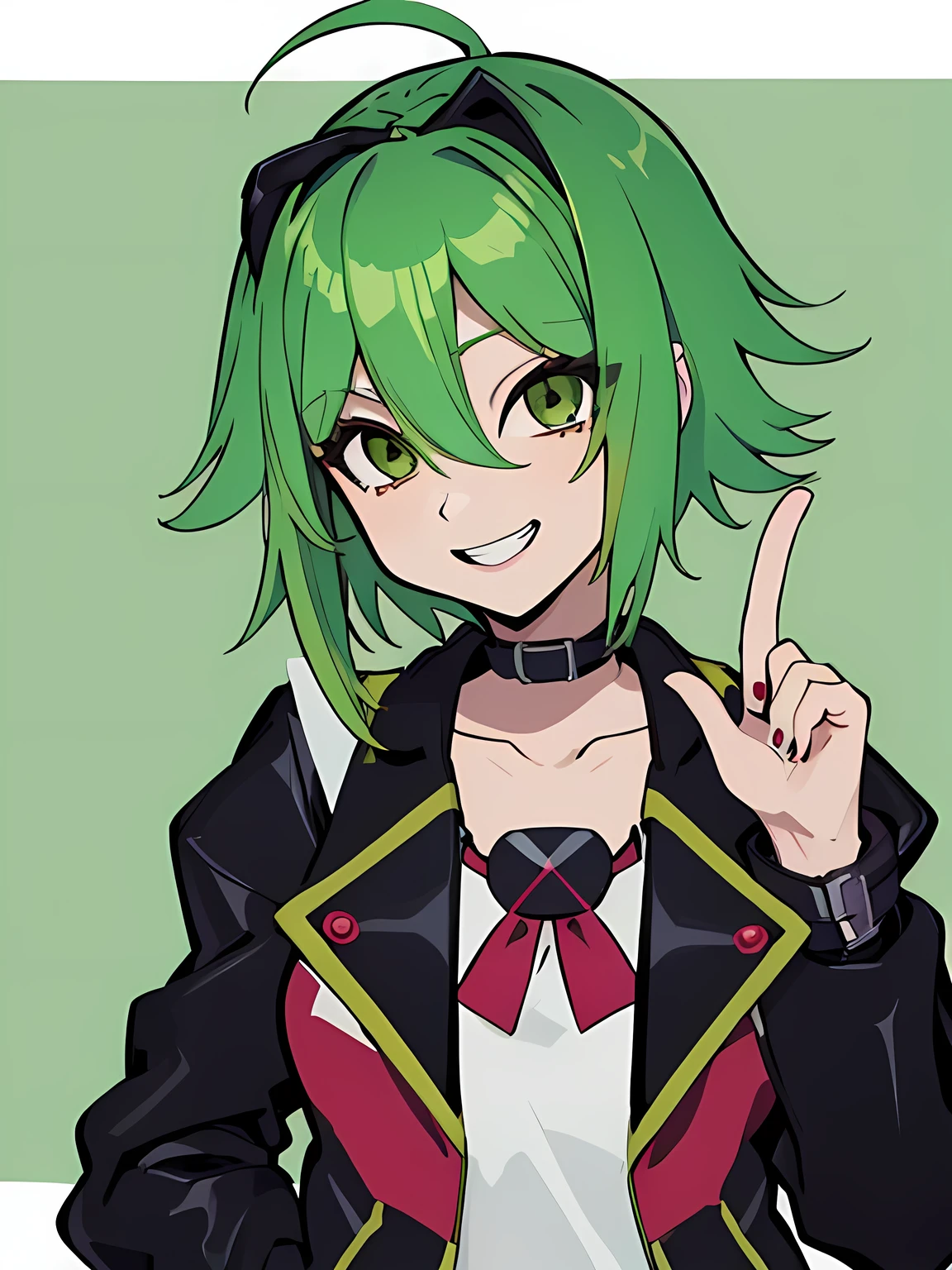 masterpiece, best quality, portrait, yugioh art style,1girl, short green hair, choker, black jacket, smile