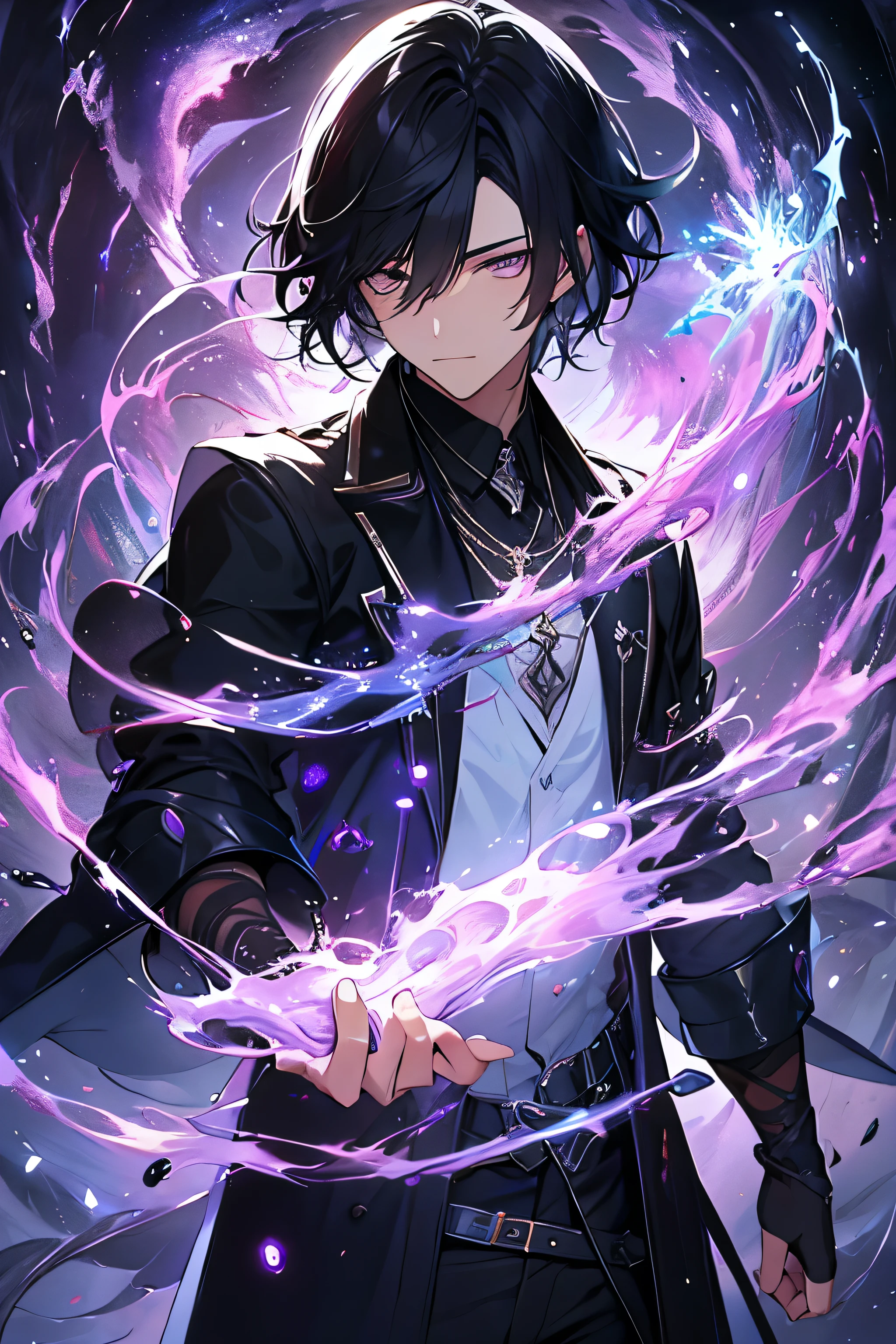 Painting representing the essence of magic, depicting a black-haired guy with violet eyes immersed in a cascade of magical energy, with glowing particles dancing around him, hair short, masterpiece, best quality, ultra detailed, illustration, concept art resolution 8k, fantasy, epic art, concept art wallpaper 4k, deep color, natural lighting