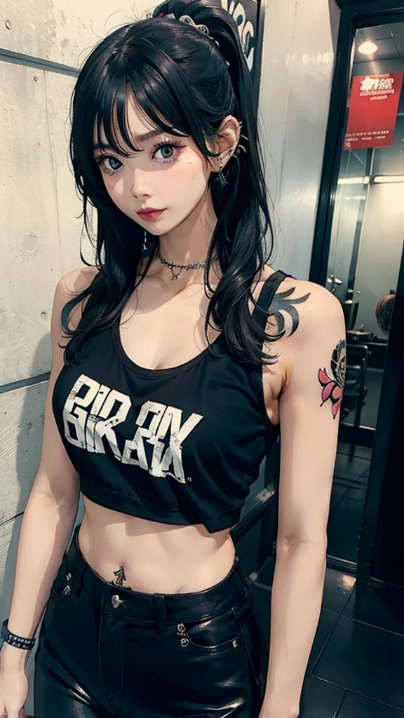 Beautiful girl, slim fit body, tank top, tattooed body , black hair , punk style