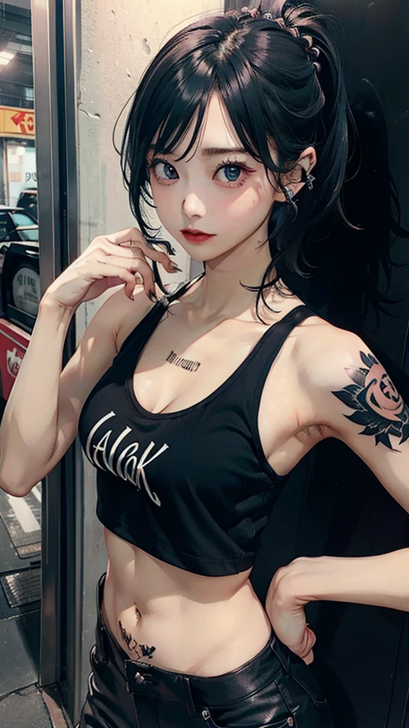 Beautiful girl, slim fit body, tank top, tattooed body , black hair , punk style