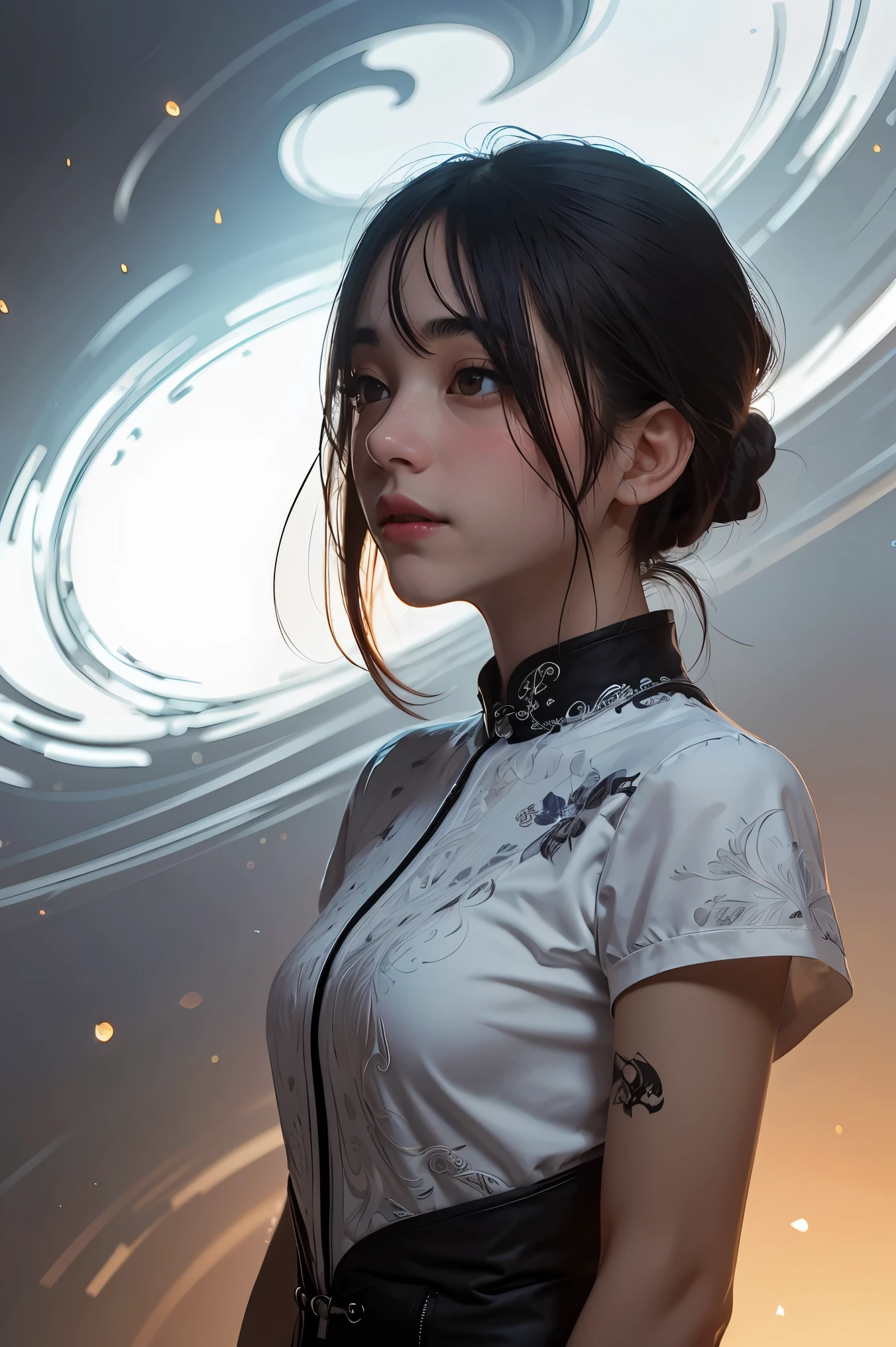 ((masterpiece, best quality)), ultra detailed 8k, photorealistic, sharp focus, highly detailed, professional lighting , shadowmancer, photo of a woman, ink particle, ((swirling black ink floating around)), futuristic fantasy, black dress, dynamic pose, realistic, masterpiece, intricate details, detailed background, depth of field,