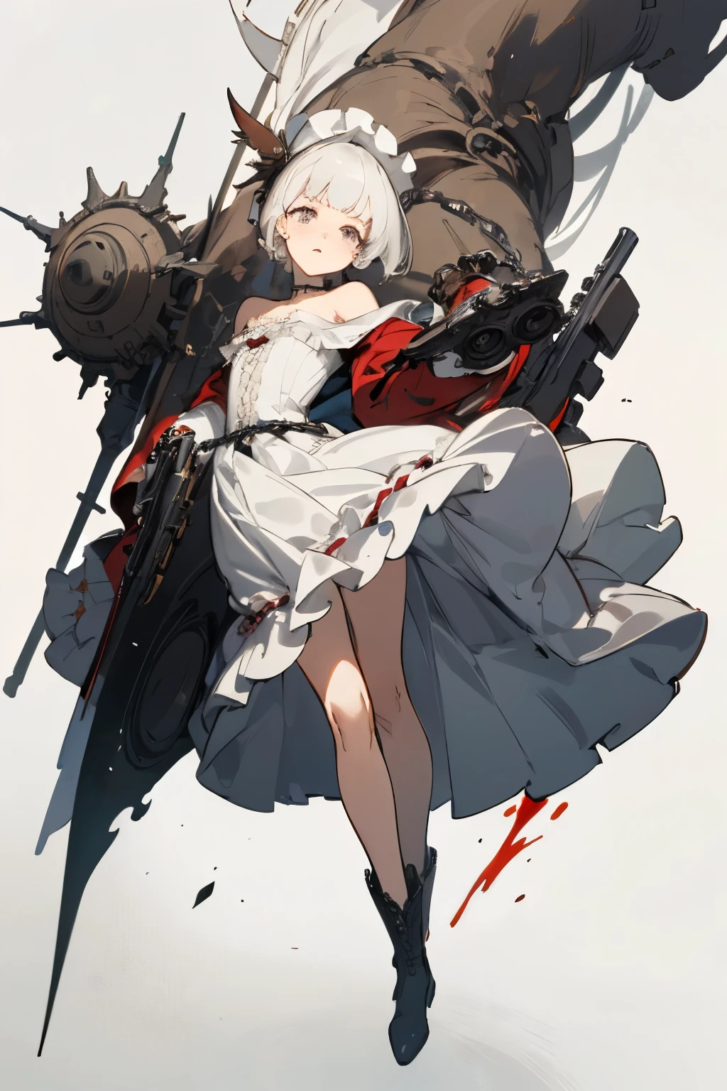 ((best quality)), ((masterpiece)), (detailed), 1girl, off-shoulder, blank white background, plain background, white background, red and white clothing, Bloodborne inspired, occult aesthetic, occult, detailed and intricate steampunk and detailed gothic, NSFW, Very dramatic and cinematic lighting, cosmic horror, grim-dark, side-lighting, perfect face, NSFW, Fluttering lace flared long knee length dress with frilly petticoats, knee length dress, pleated petticoats, lolita dress, petticoats gothic lolita, complex lace boots, side-lighting, gothic lolita aesthetic, wielding a mighty sword with mechanical components, carbine, NSFW, beautiful small breasts, small breasts, full body, whole body, body, plain background, white background, blank background, no background, white background NSFW, chains, full body, whole body, head-to-toe NSFW