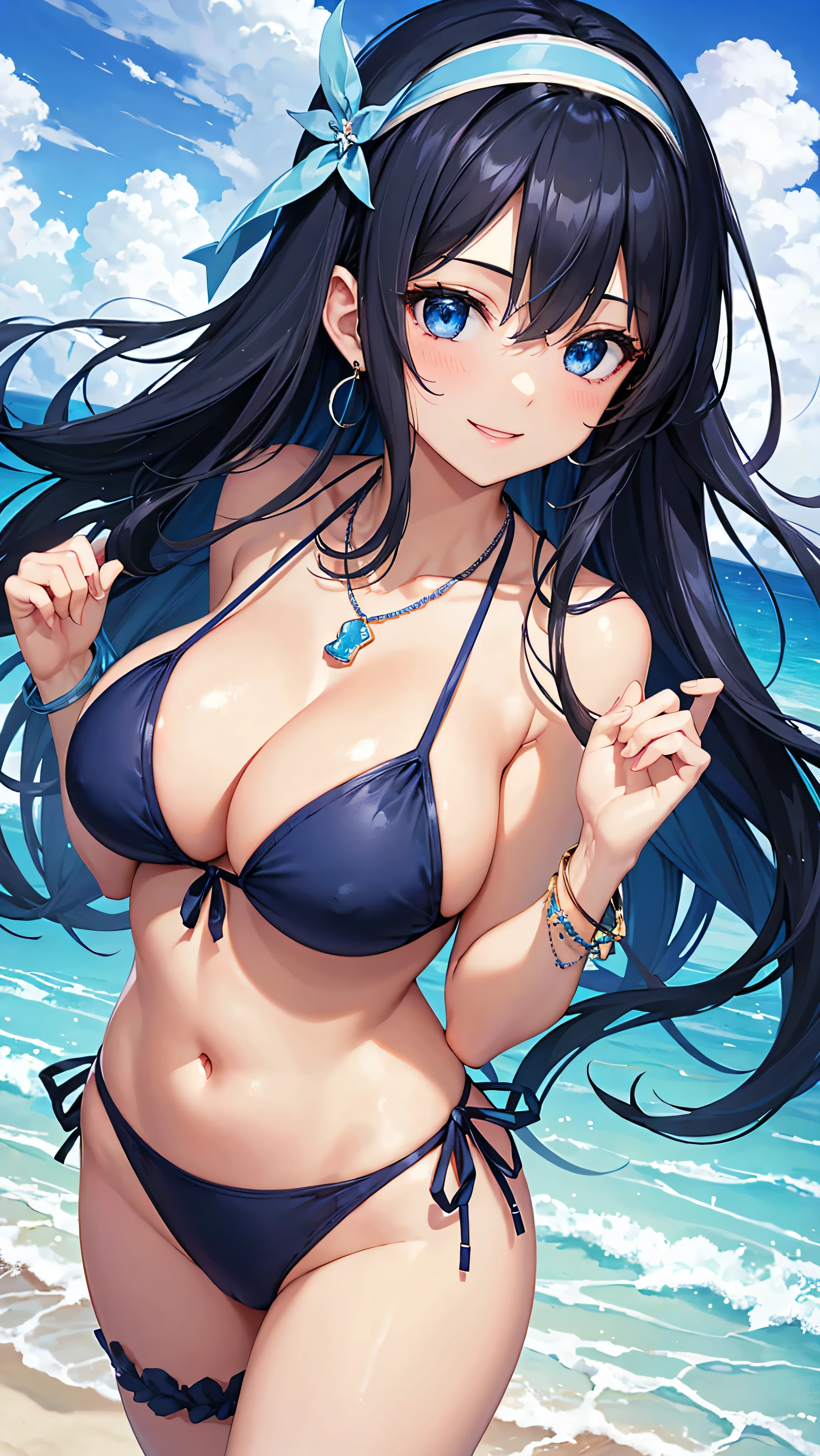 highest quality、highest quality、masterpiece、beautiful girl、Navy blue long hair、blue eyes、Sexy black bikini、Big cleavage、(Big Breasts),smile、blue necklace、Blue Earrings、background(Beach)、White headband、bracelet、A dynamic pose