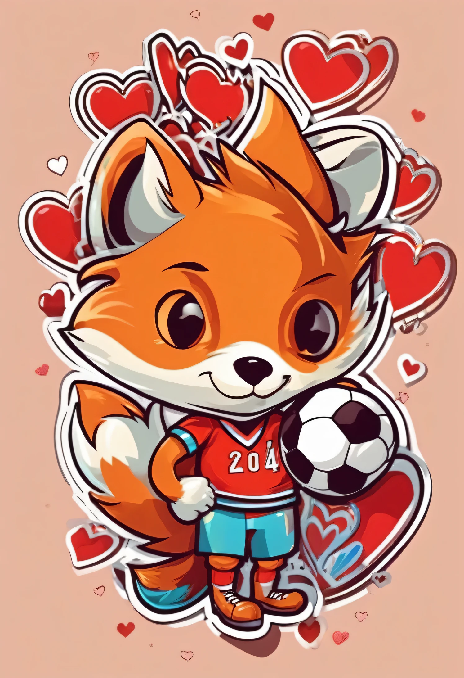 stickers style of Vladimir Suteev, character stern fox football player, kisses, surrounded by hearts,