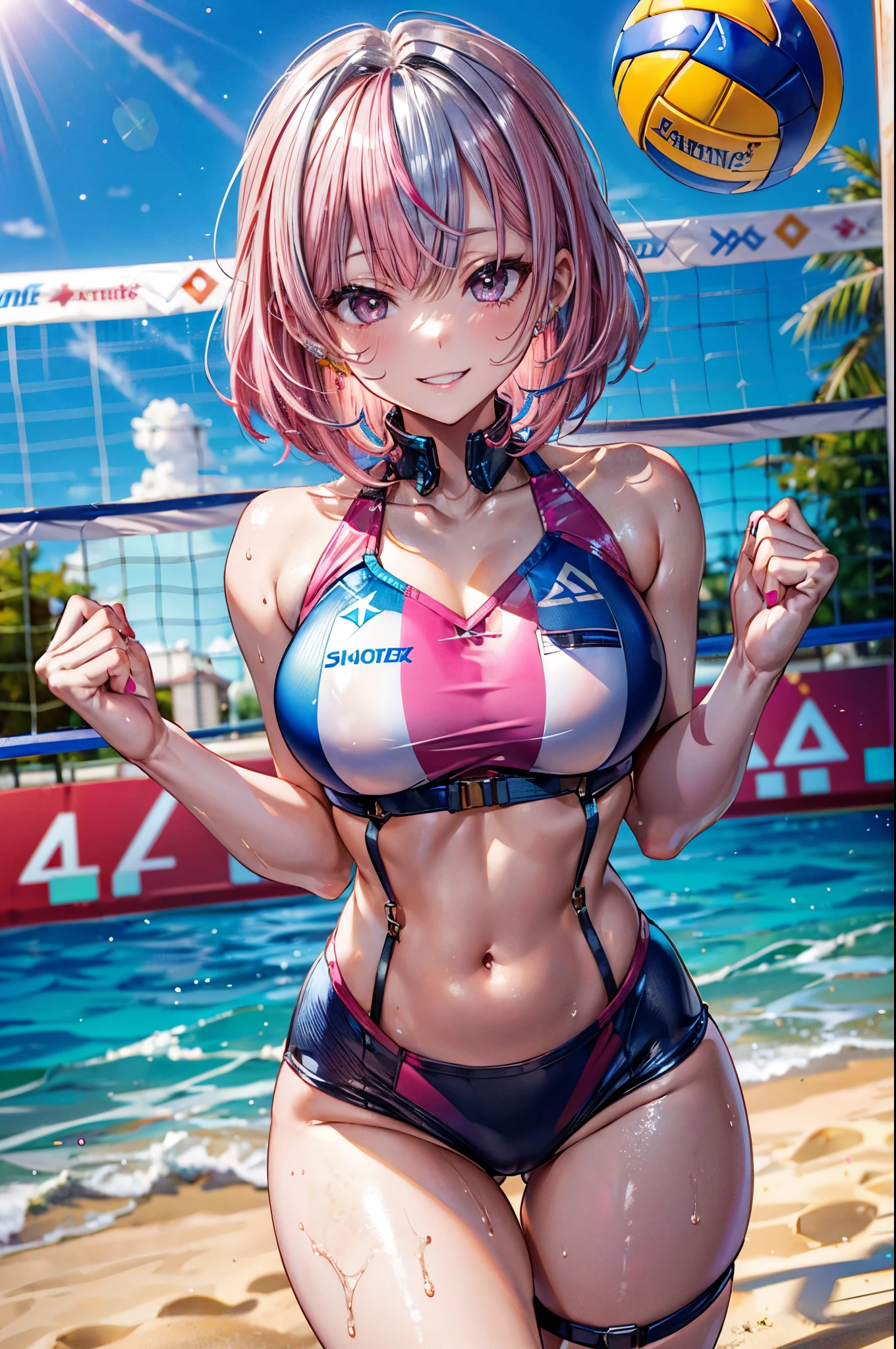 ((Chrome beachvolleyball uniform)), break, skinny, 4 defined fingers, 1 defined thumb, looking at viewer, solo, 1 woman, 25 years old, AI generated, highest quality, masterpiece, skindentation, perfect face, 8k , cowboy shot, (short hair), (pink hair:1.5), bob cut, black eye, smile, thin thighs, medium breasts, perfect limbs, sexy, (visible nipples:0.7), (camel toe:0.3), (Hands Behind Back), (bright seaside), standing, ((metallic costume)), facing straight at viewer, (Navel),