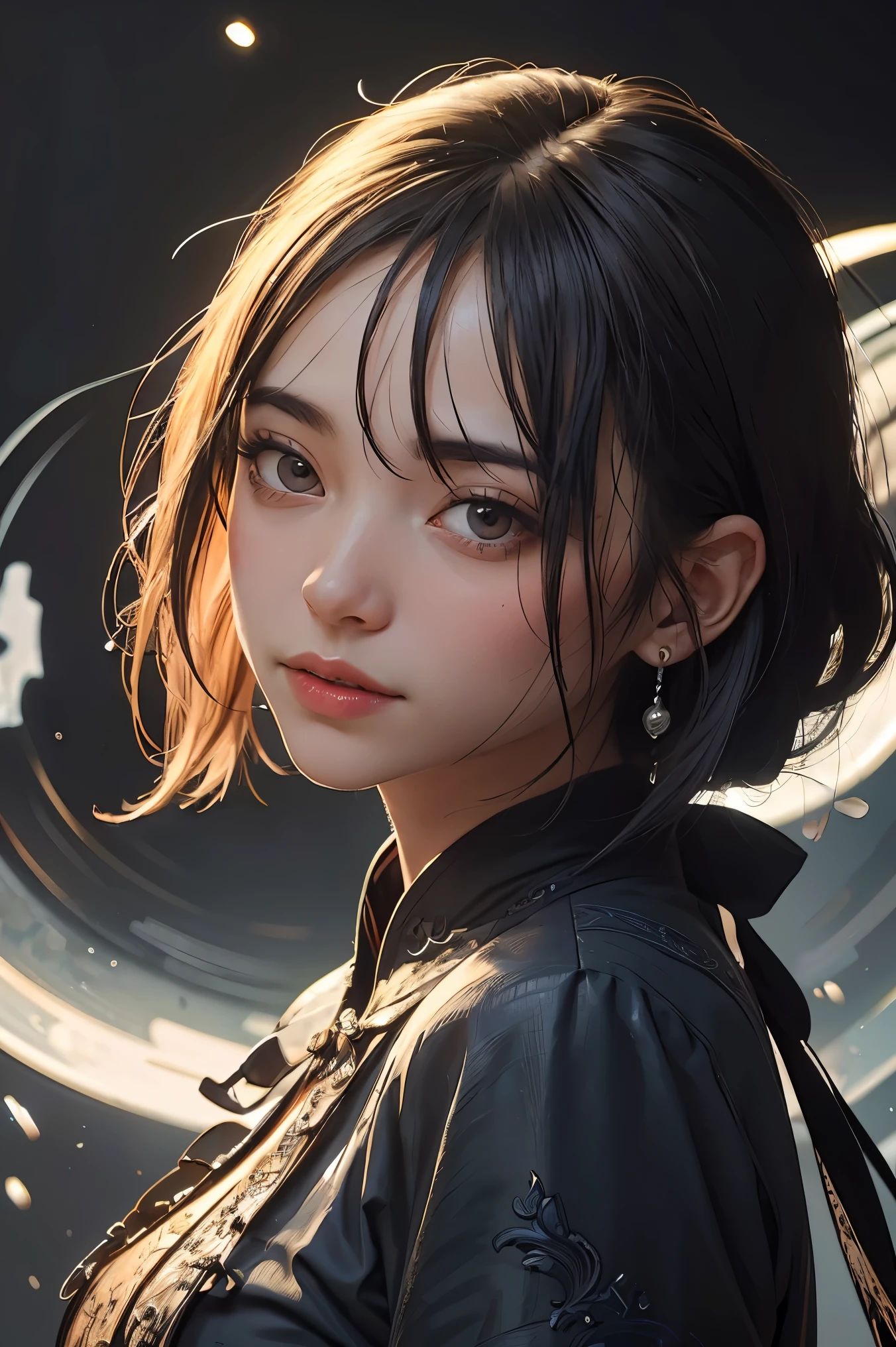 ((masterpiece, best quality)), ultra detailed 8k, photorealistic, sharp focus, highly detailed, professional lighting , shadowmancer, photo of a woman, ink particle, ((swirling black ink floating around)), futuristic fantasy, futuristic black dress, dynamic pose, realistic, masterpiece, intricate details, detailed background, depth of field, 