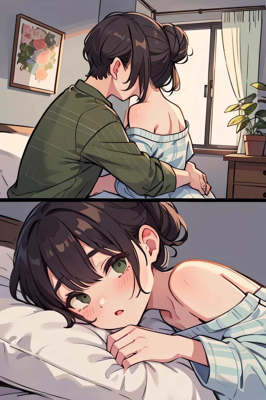 NSFW，masterpiece, best quality, highres，POV，gahamama, single hair bun, breast，spooning position，(embarrassing,blush:1.4),(vapor:0.8),(Wet:0.8),(Sweat:0.8)，bedroom，1 boy and 1girl are having sex on bed