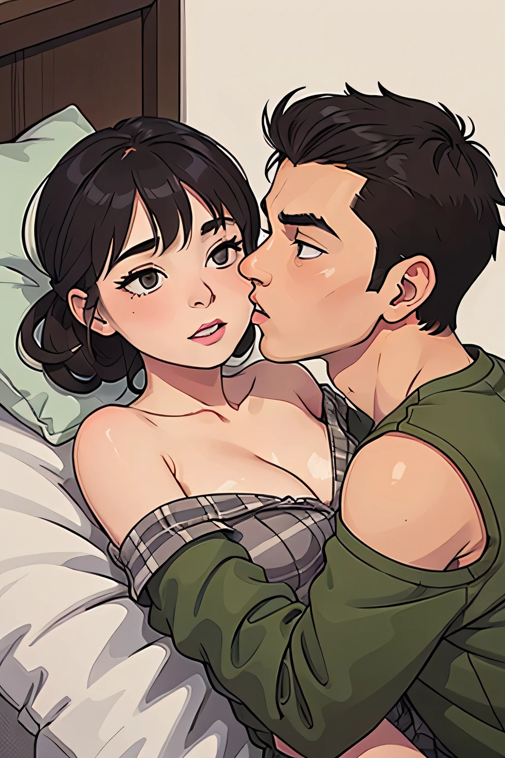 Amazing portait of a hot next door neighbour with her hair tied in a messy bun wearing an off shoulder checked olive green shirt that is unbuttoned and oversized kissing and making out passionately with her male neighbour on her bed in an intimate setting