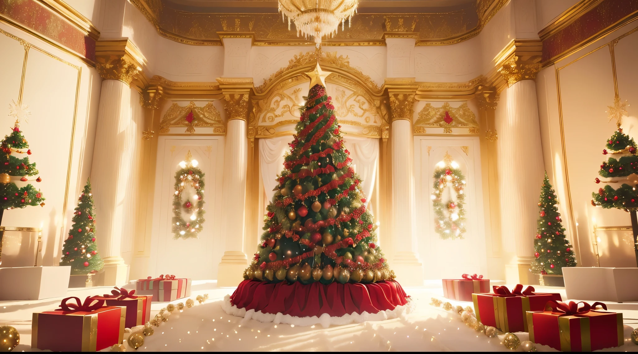 ballroom with a christmas tree and presents in it, lavishly decorated, very ornamented, holiday season, inside a grand ornate room, victorian age, christmas tree, a hyper realistic, presents, elegant and ornate, shutterstock, with lots of thin ornaments, christmas, royally decorated, an ultra realistic, holiday, ornamented, rendered in cgi