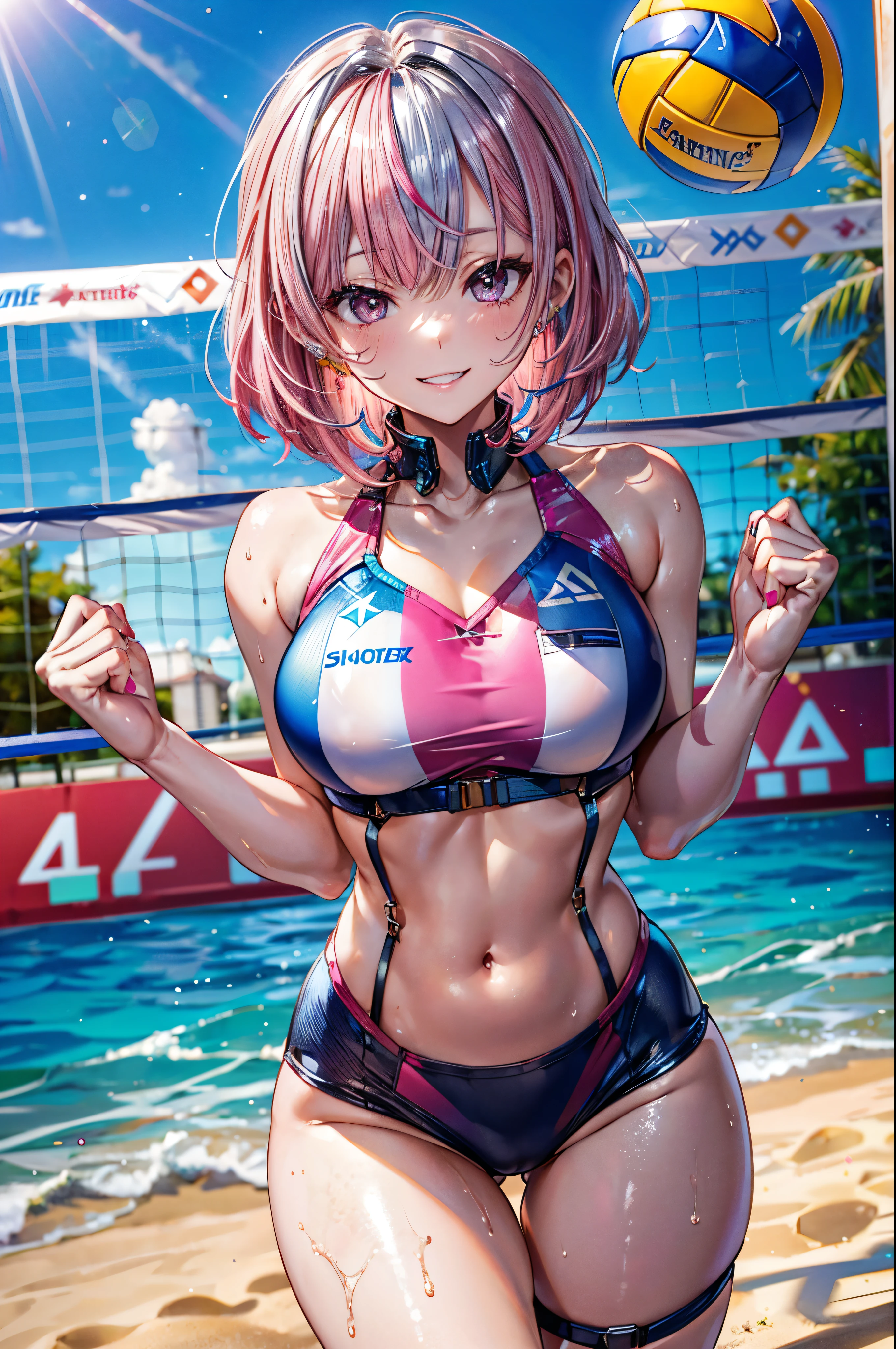 ((Chrome beachvolleyball uniform)), break, skinny, 4 defined fingers, 1 defined thumb, looking at viewer, solo, 1 woman, 25 years old, AI generated, highest quality, masterpiece, skindentation, perfect face, 8k , cowboy shot, (short hair), (pink hair:1.5), bob cut, black eye, smile, thin thighs, medium breasts, perfect limbs, sexy, (visible nipples:0.7), (camel toe:0.3), (Hands Behind Back), (bright seaside), standing, ((metallic costume)), facing straight at viewer, (Navel),
