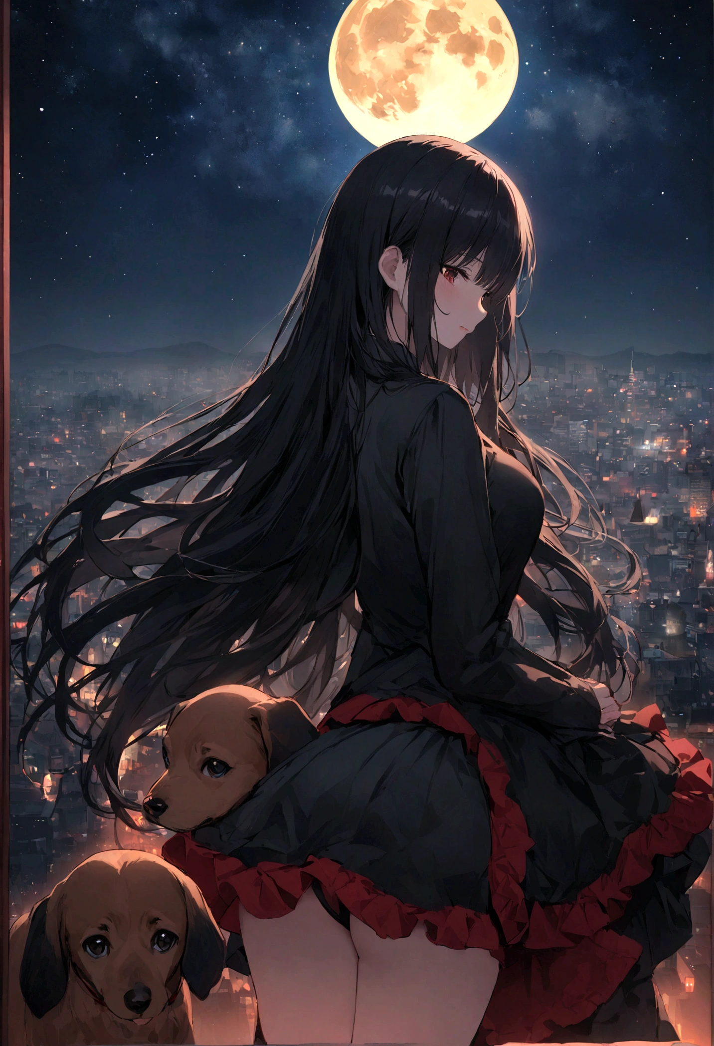 Dog 1、Woman 1、Red miniature dachshund、Red miniature dachshund long hair、dog'color is red、woman with very long black hair、Spectacular views、Night Scene、The view from the top of the hill、Full moon night sky、swirling starry sky、8K、Best Quality、詳しいdogの顔、The woman is facing the opposite direction、Ria、I can't see a woman's face、The whole body is in the photo、Like the night view of Tokyo、The woman is wearing a miniskirt and her underwear is visible.