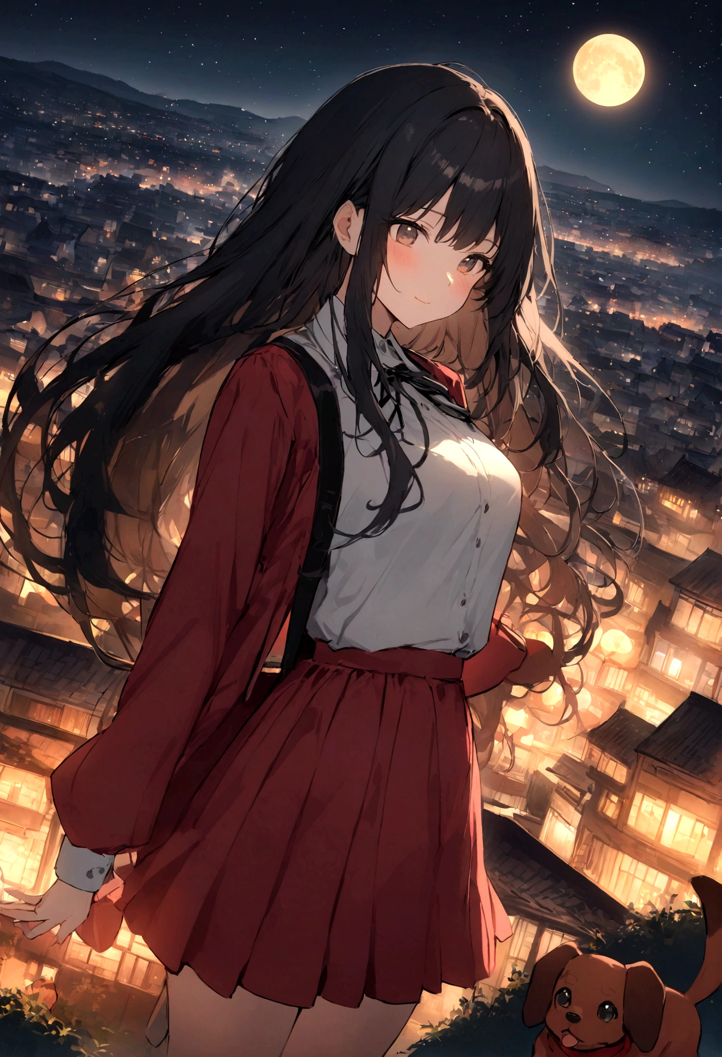 Dog 1、Woman 1、Red miniature dachshund、Red miniature dachshund long hair、dog'color is red、woman with very long black hair、Spectacular views、Night Scene、The view from the top of the hill、Full moon night sky、swirling starry sky、8K、Best Quality、詳しいdogの顔、The woman is facing the opposite direction、Ria、I can't see a woman's face、The whole body is in the photo、Like the night view of Tokyo、The woman is wearing a miniskirt and her underwear is visible.