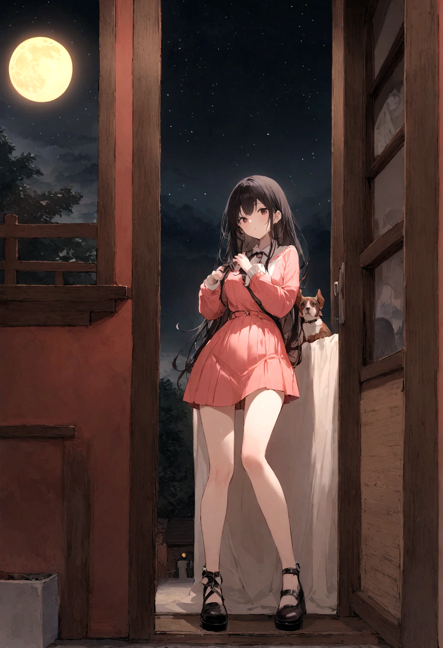 Dog 1、Woman 1、Red miniature dachshund、Red miniature dachshund long hair、dog&#39;color is red、woman with very long black hair、Spectacular views、Night Scene、The view from the top of the hill、Full moon night sky、swirling starry sky、８K、Best Quality、詳しいdogの顔、The woman is facing the opposite direction、Ria、I can't see a woman's face、The whole body is in the photo、Like the night view of Tokyo、The woman is wearing a miniskirt and her underwear is visible.