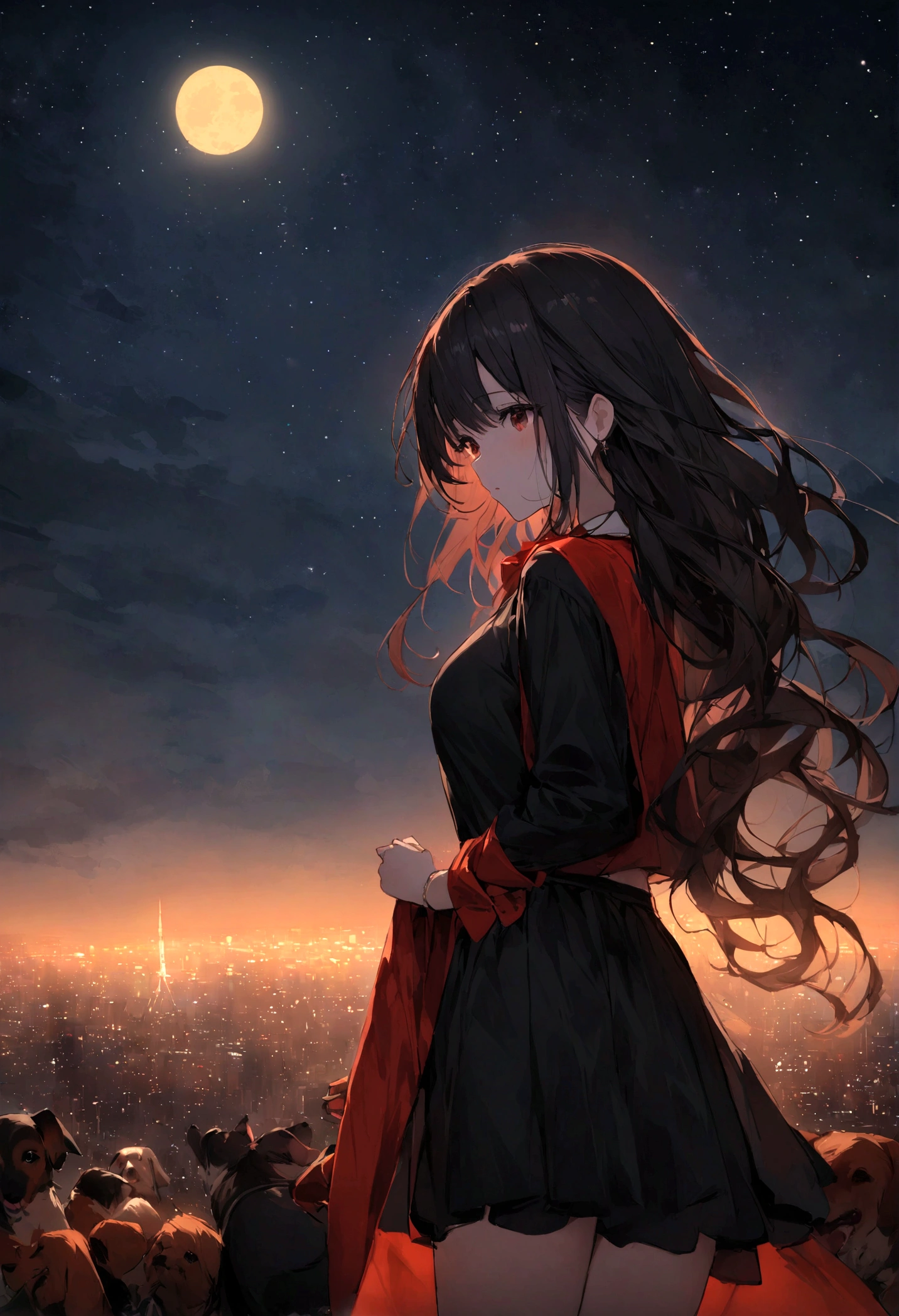 Dog 1、Woman 1、Red miniature dachshund、Red miniature dachshund long hair、dog'color is red、woman with very long black hair、Spectacular views、Night Scene、The view from the top of the hill、Full moon night sky、swirling starry sky、8K、Best Quality、詳しいdogの顔、The woman is facing the opposite direction、Ria、I can't see a woman's face、The whole body is in the photo、Like the night view of Tokyo、The woman is wearing a miniskirt and her underwear is visible.