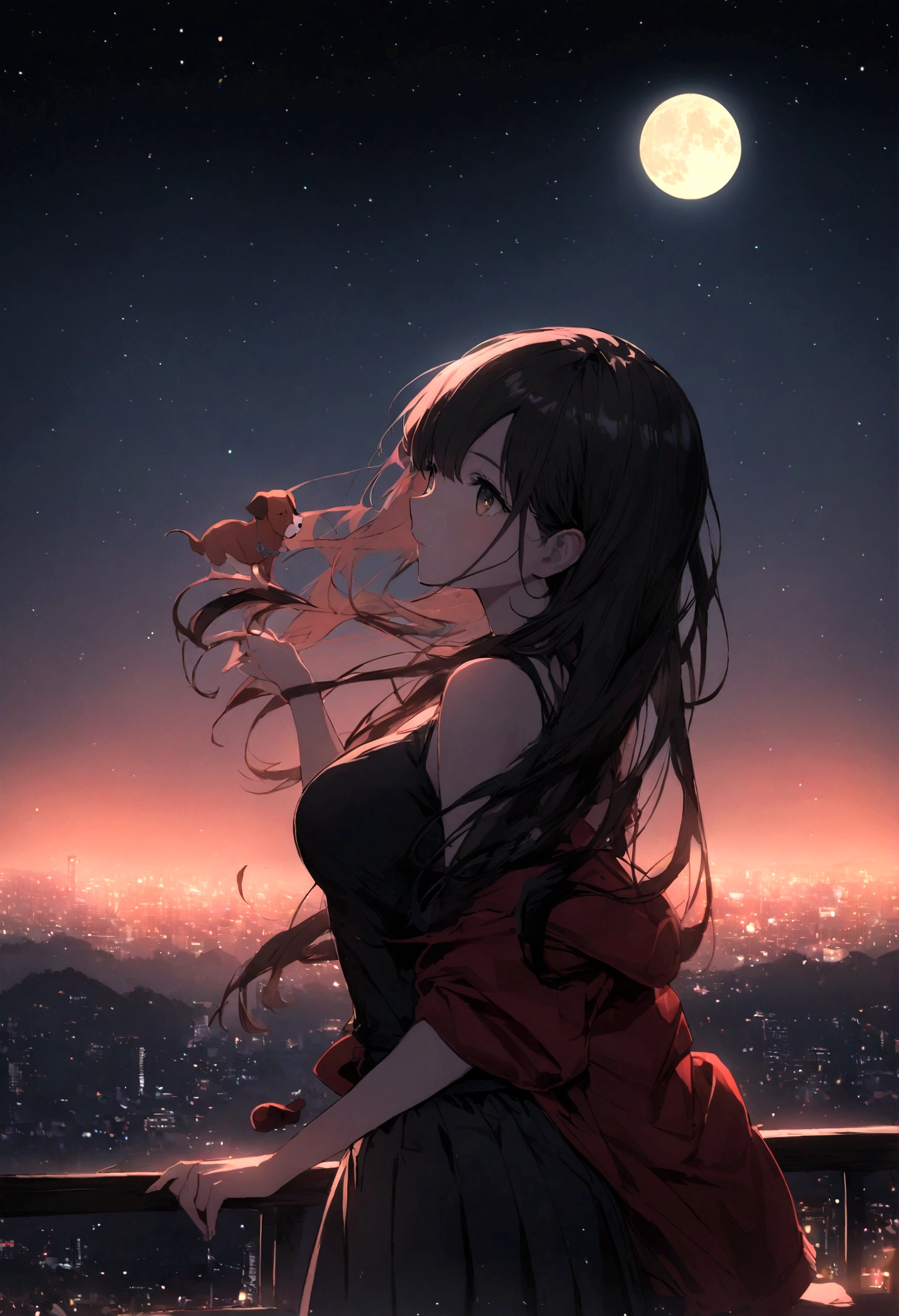 Dog 1、Woman 1、Red miniature dachshund、Red miniature dachshund long hair、dog'color is red、woman with very long black hair、Spectacular views、Night Scene、The view from the top of the hill、Full moon night sky、swirling starry sky、8K、Best Quality、詳しいdogの顔、The woman is facing the opposite direction、Ria、I can't see a woman's face、The whole body is in the photo、Like the night view of Tokyo、The woman is wearing a miniskirt and her underwear is visible.