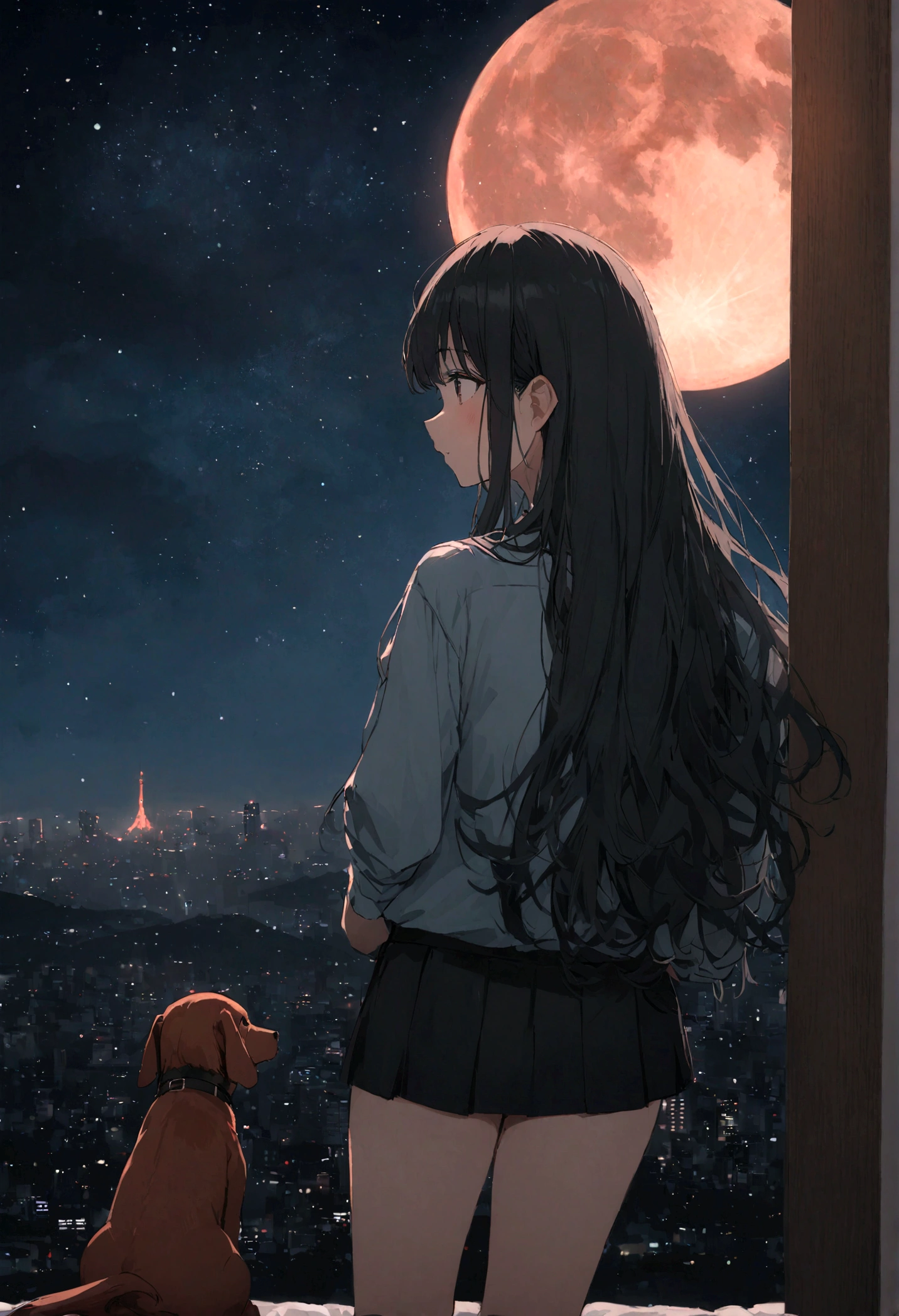 Dog 1、Woman 1、Red miniature dachshund、Red miniature dachshund long hair、dog'color is red、woman with very long black hair、Spectacular views、Night Scene、The view from the top of the hill、Full moon night sky、swirling starry sky、8K、Best Quality、詳しいdogの顔、The woman is facing the opposite direction、Ria、I can't see a woman's face、The whole body is in the photo、Like the night view of Tokyo、The woman is wearing a miniskirt and her underwear is visible.