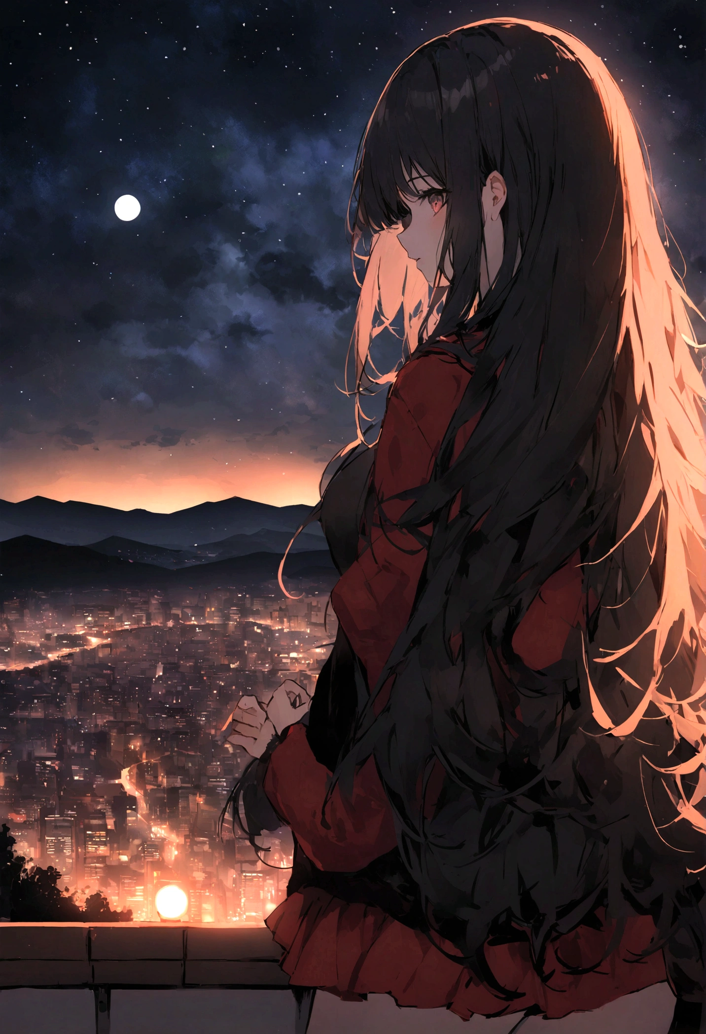 Dog 1、Woman 1、Red miniature dachshund、Red miniature dachshund long hair、dog'color is red、woman with very long black hair、Spectacular views、Night Scene、The view from the top of the hill、Full moon night sky、swirling starry sky、8K、Best Quality、詳しいdogの顔、The woman is facing the opposite direction、Ria、I can't see a woman's face、The whole body is in the photo、Like the night view of Tokyo、