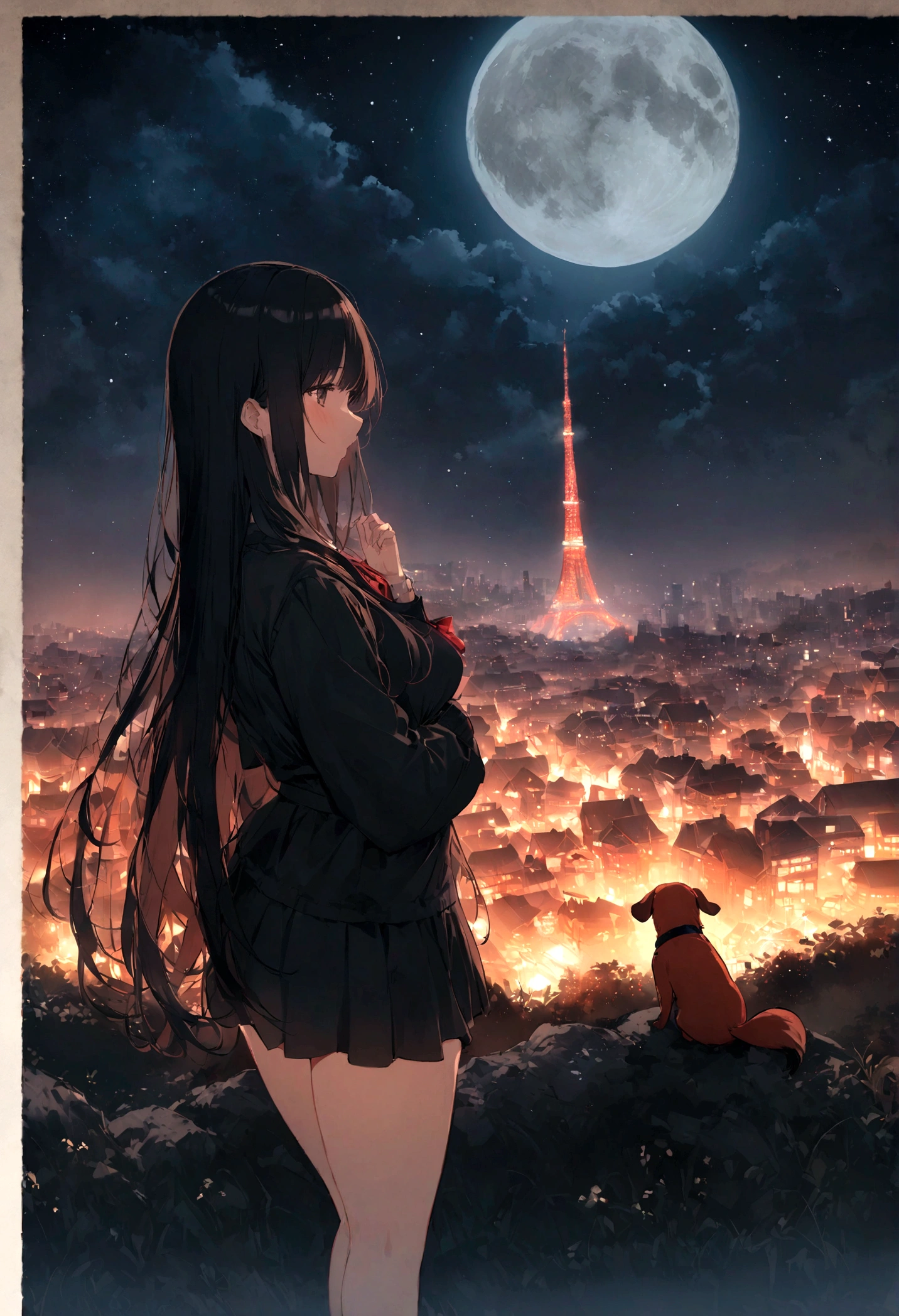 Dog 1、Woman 1、Red miniature dachshund、Red miniature dachshund long hair、dog&#39;color is red、woman with very long black hair、Spectacular views、Night Scene、The view from the top of the hill、Full moon night sky、swirling starry sky、８K、Best Quality、詳しいdogの顔、The woman is facing the opposite direction、Ria、I can't see a woman's face、The whole body is in the photo、Like the night view of Tokyo、The woman is wearing a miniskirt and her underwear is visible.
