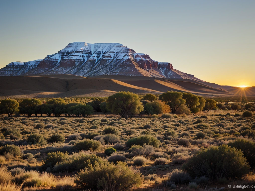 Sunrise on the Karoo, Late autumn landscape on the Karoo, home surrounded by small trees and bushes, sunrise, no snow, sheep in field, 