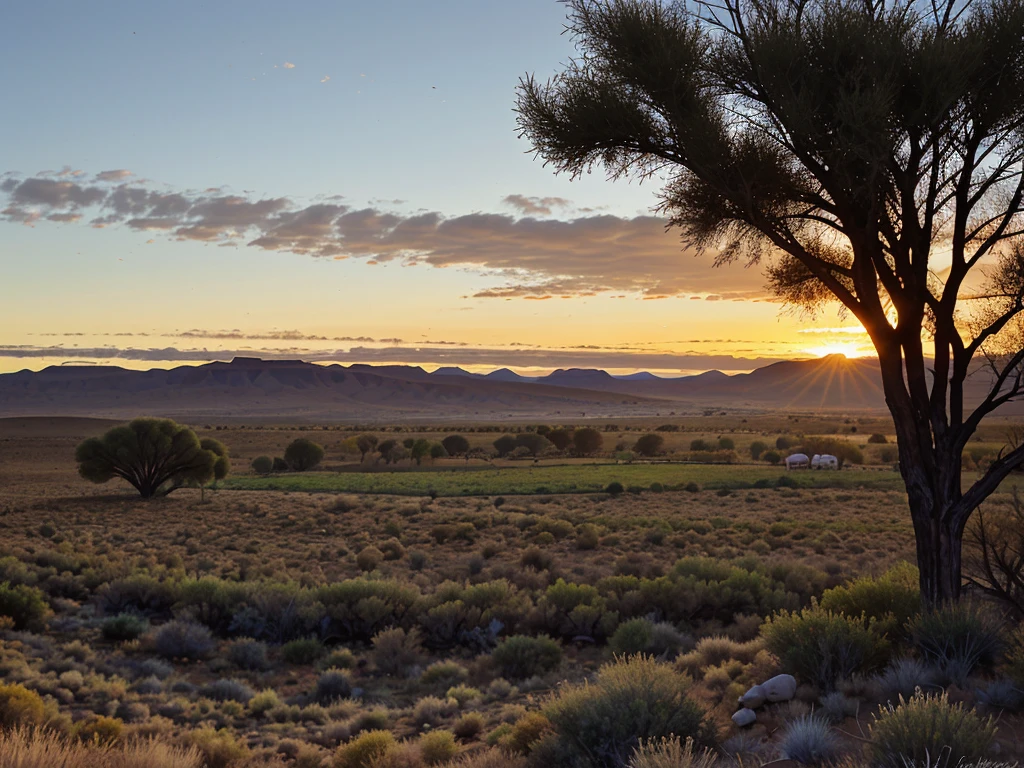 Sunrise on the Karoo, Late autumn landscape on the Karoo, home surrounded by small trees and bushes, sunrise, no snow, sheep in field, 