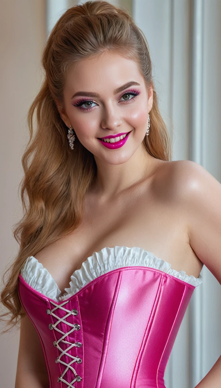 hyperrealistic beautiful busty 19-year-old woman with long legs wearing shiny hot pink corset and white wide-leg pants, model shooting full body photography, ginger very long straight updo hair, soaky wet skin, dark eye makeup with eyeliner, seductive smile, red lips, 8K, Best quality, Meisterwerk, ultra high resolution, (Realismus: 1.4), Originalfoto, (realistische Hautstruktur: 1.3), (Filmkorn: 1.3), (Selfie-Winkel), 1 girl, Beautiful round hazel eyes and facial details, Meisterwerk, Best quality, indoor photography, nsfw