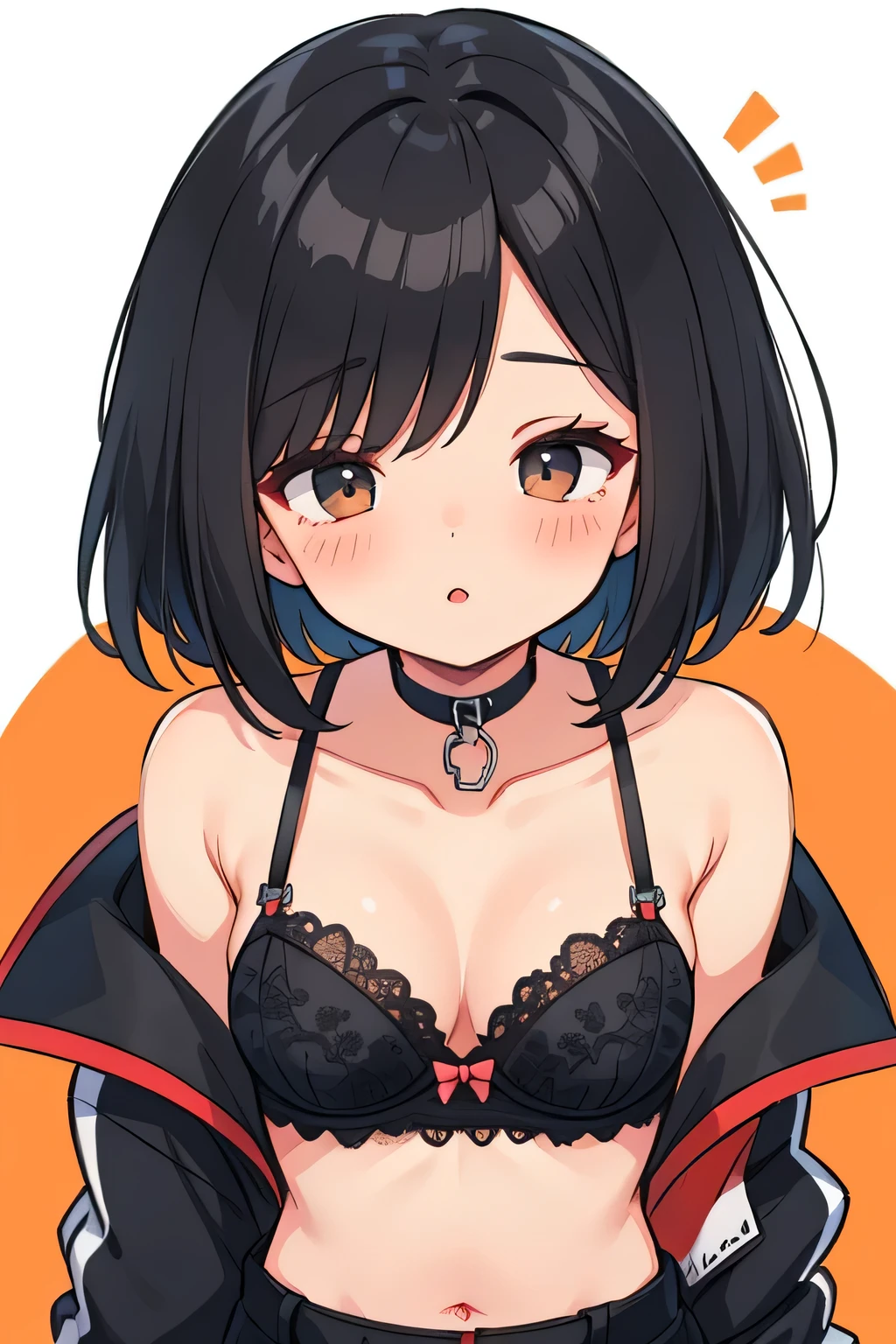 Amazing portrait of a cute goth woman with her short black hair in a bob hairstyle and she's wearing heavy eyeliner around her eyes and she's gazing at you seductively she wears an off shoulder t shirt that is orange and black with black bra straps 