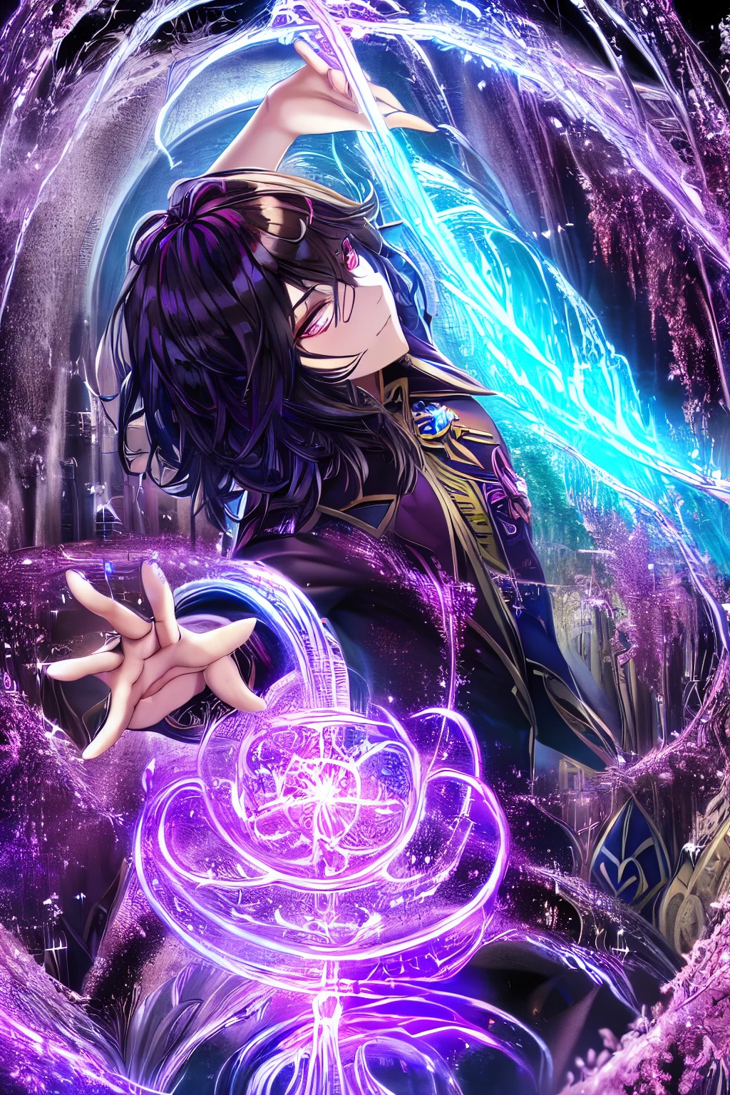 Painting representing the essence of magic, depicting a black-haired guy with violet eyes immersed in a cascade of magical energy, with glowing particles dancing around him, hair short, masterpiece, best quality, ultra detailed, illustration, concept art resolution 8k, fantasy, epic art, concept art wallpaper 4k, deep color, natural lighting