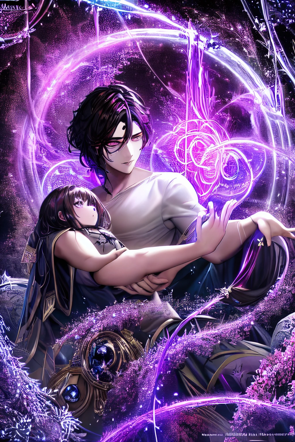 Painting representing the essence of magic, depicting a black-haired guy with violet eyes immersed in a cascade of magical energy, with glowing particles dancing around him, hair short, masterpiece, best quality, ultra detailed, illustration, concept art resolution 8k, fantasy, epic art, concept art wallpaper 4k, deep color, natural lighting