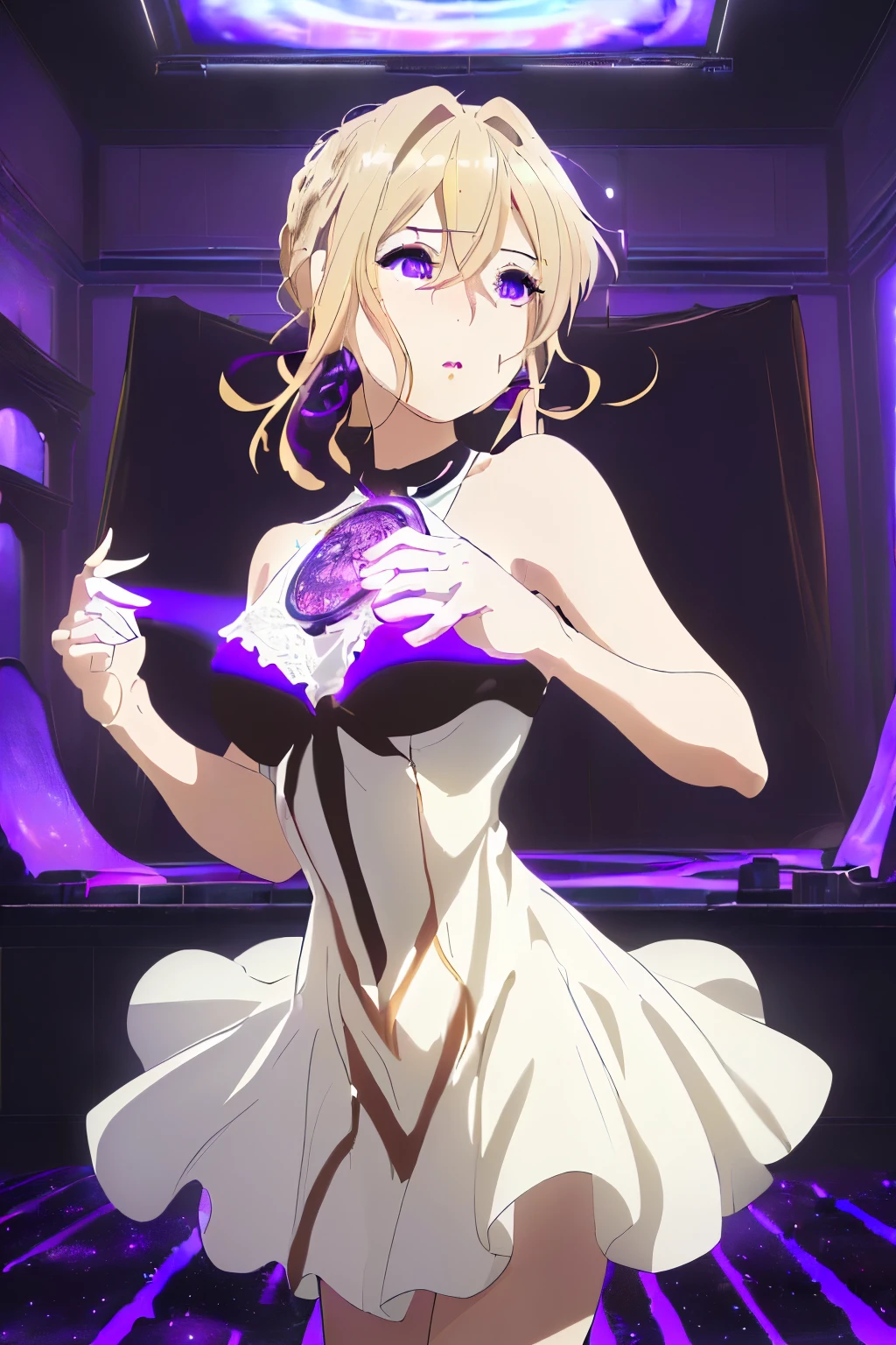 ((((masterpiece, best quality, Ultra-high resolution)))), 1 Girl, Strike a pose,((blonde hair)),hair braids,蓝色的Eye,(Luminescence_Eye), ,( Beautiful and delicate face),((Center the composition), (Wide-angle lens), For the audience, (((Indoor part, Purple and black lights, Black dance silhouette:0.9, carnival:1))) ,((Perfect hands)),Beautiful Lights, background,((White Dress)),marriage