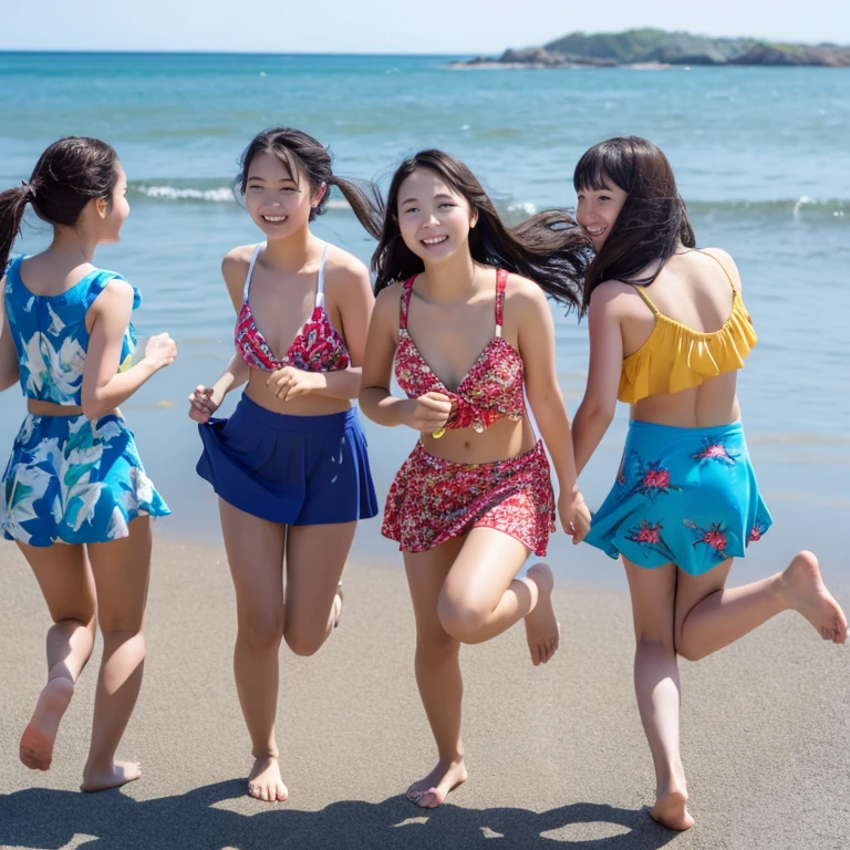 Photorealistic, 4k, 4girls.　We rush to the sea, smiling and wearing swimsuits, enjoying the summer day., 18 years old, outstanding proportions, printed shirts, skirts,Asahi、Back view towards the sea、At a brisk pace、Run、