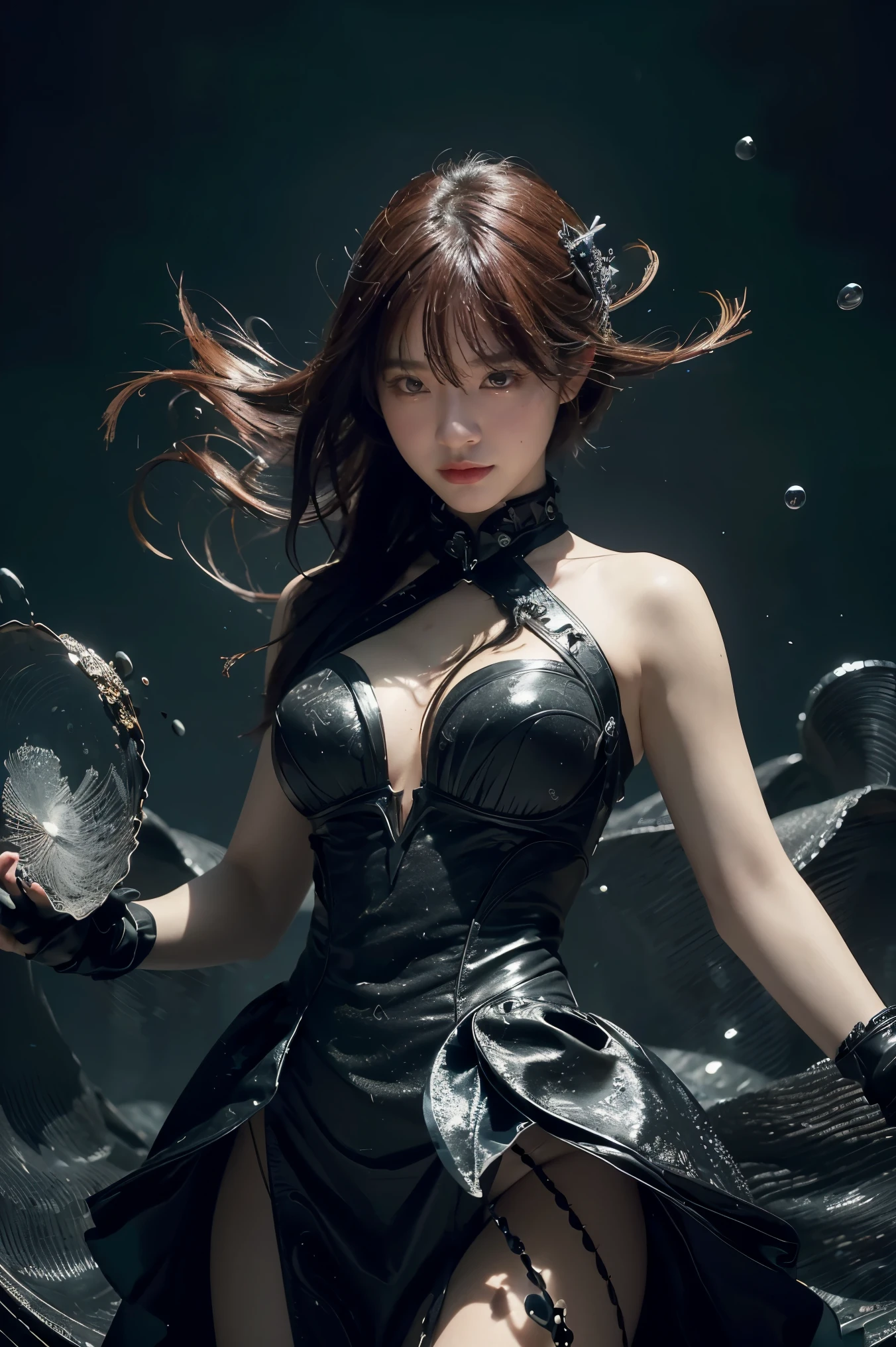 ((masterpiece, best quality)), ultra detailed 8k, photorealistic, sharp focus, highly detailed, professional lighting , shadowmancer, photo of a woman, ink particle, ((swirling black ink floating around)), futuristic fantasy, black dress, dynamic pose, realistic, masterpiece, intricate details, detailed background, depth of field,