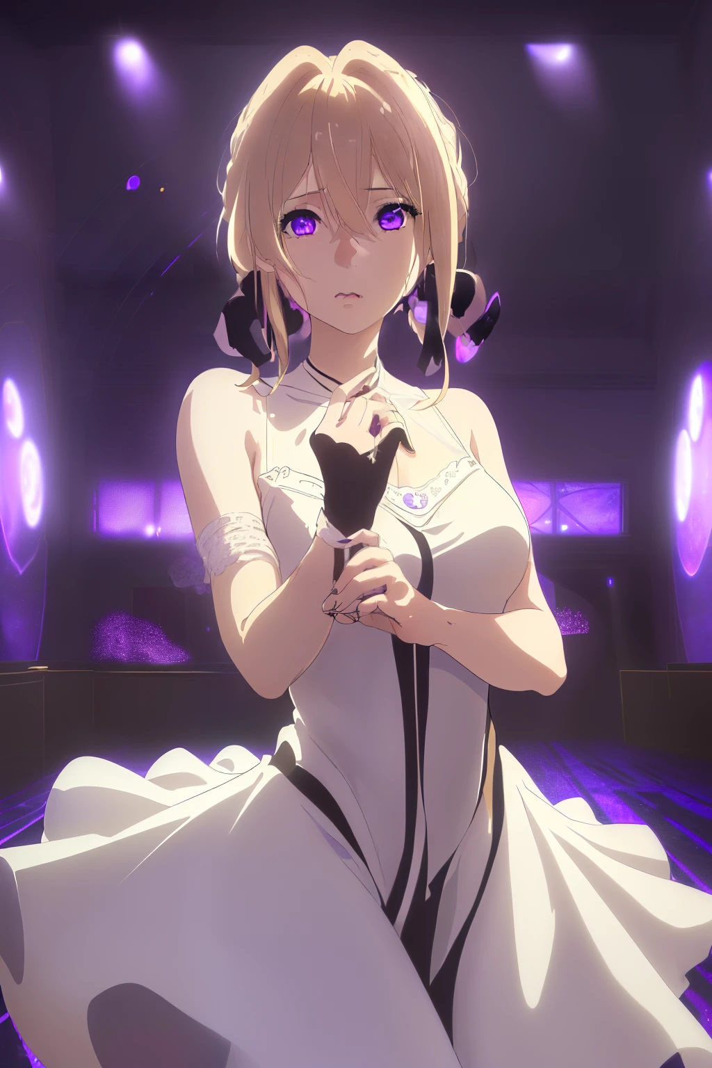 ((((masterpiece, best quality, Ultra-high resolution)))), 1 Girl, Strike a pose,((blonde hair)),hair braids,蓝色的Eye,(Luminescence_Eye), ,( Beautiful and delicate face),((Center the composition), (Wide-angle lens), For the audience, (((Indoor part, Purple and black lights, Black dance silhouette:0.9, carnival:1))) ,((Perfect hands)),Beautiful Lights, background,((White Dress)),marriage