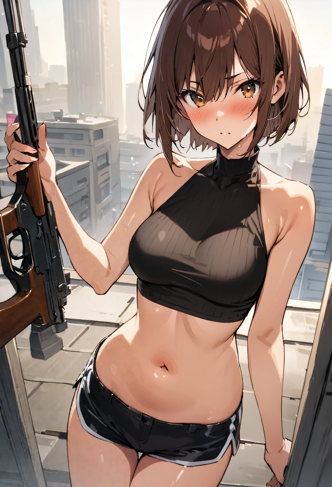 takeda hiromitsu style,(((masterpiece, highest quality:1.3,absurdres))),cowboy shot,20 year old beauty,solo,((very small head)),short bob hair,bangs,dark brown hair,brown eyes,blush,medium breasts,((very long body)),((slender body)),skinny,gleaming skin,shiny skin, Black turtleneck、No sleeve、Crop length、navel、Black micro mini shorts、With a rifle、Aim at the target、excluding sight、Accurately rendered guns、rooftop of high-rise building、Tokyo、moonlight、